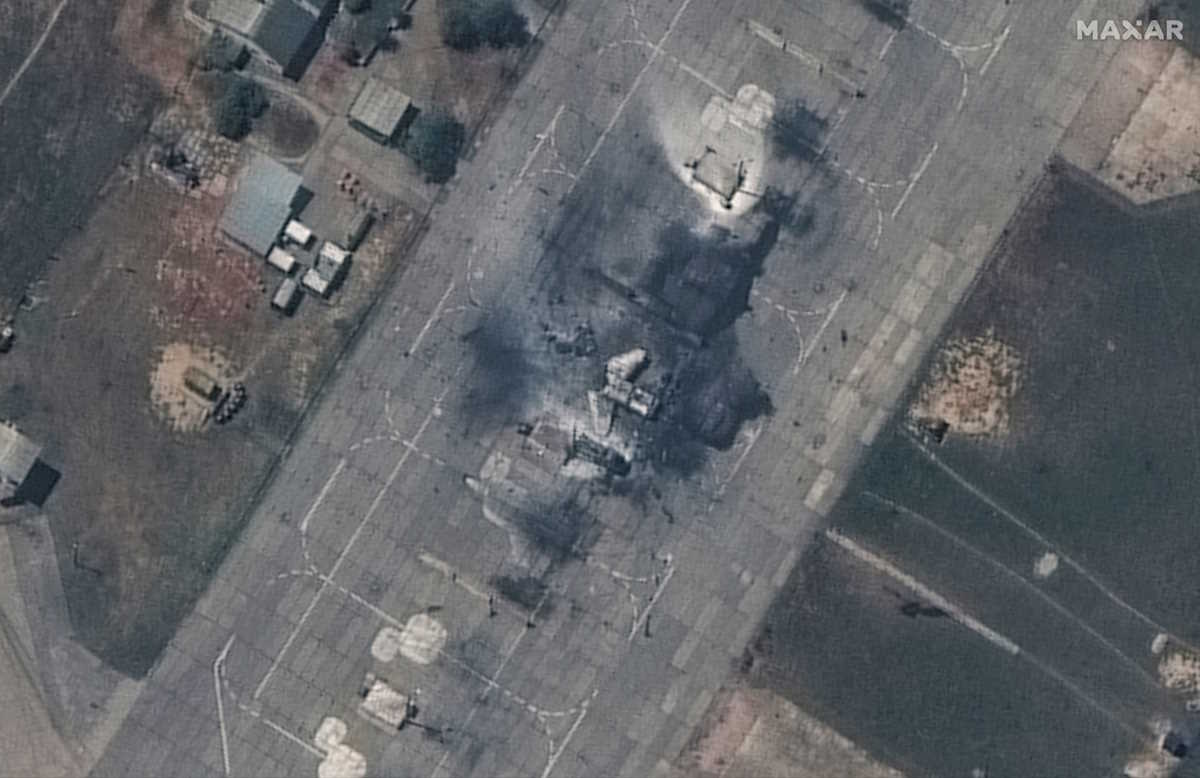 A satellite image of destroyed MiG31 fighter aircraft following an attack at Belbek Airbase, amid Russia's attack on Ukraine, in Crimea May 16, 2024.   Maxar Technologies