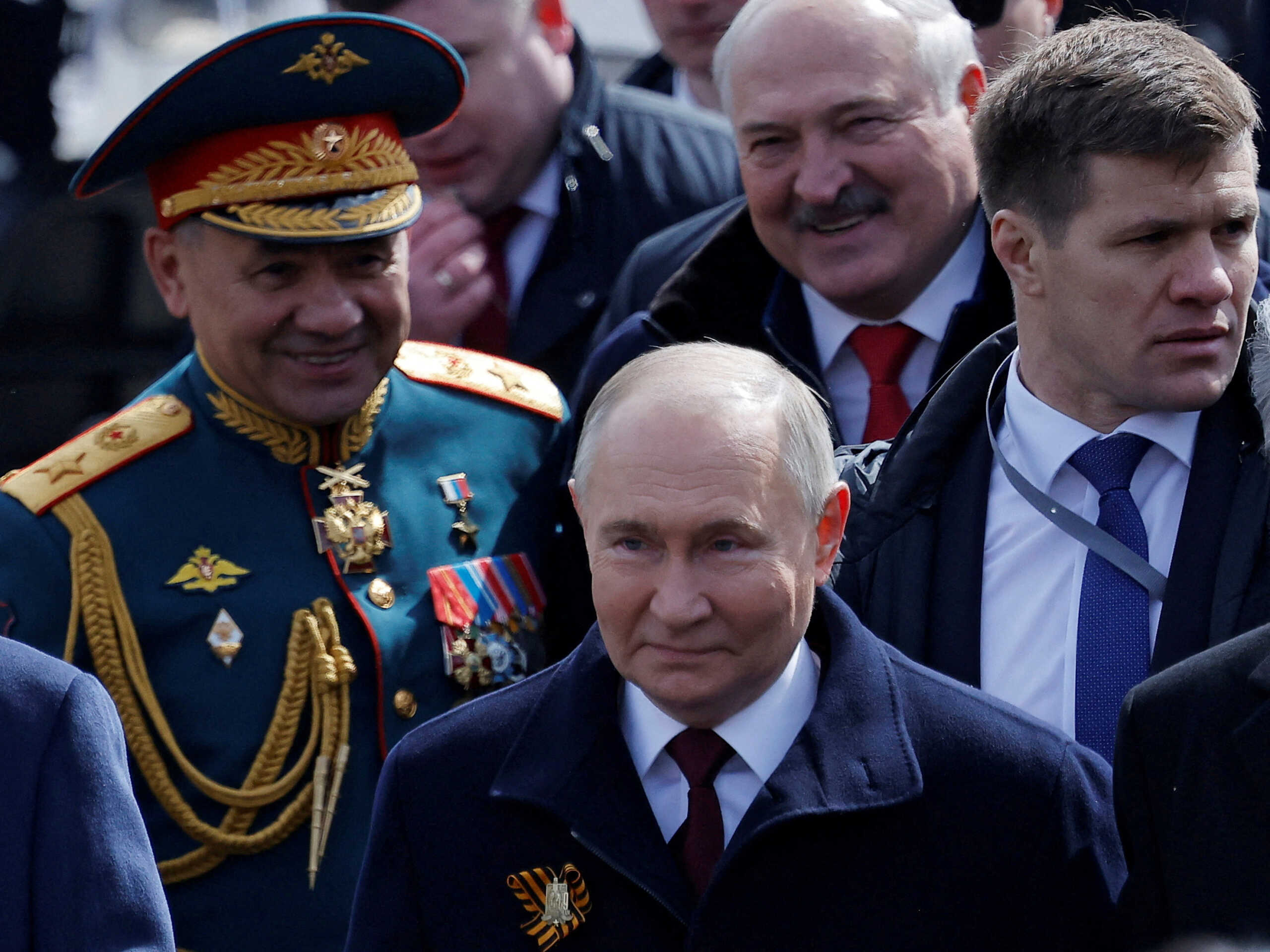 FILE PHOTO: Participants, including Russian President Vladimir Putin, Defence Minister Sergei Shoigu and Belarusian President Alexander Lukashenko, attend a military parade on Victory Day, which marks the 79th anniversary of the victory over Nazi Germany in World War Two, in Red Square in Moscow, Russia, May 9, 2024. REUTERS