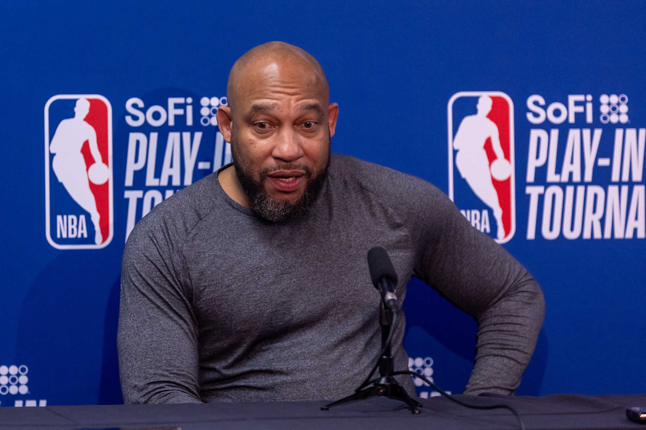 Apr 16, 2024; New Orleans, Louisiana, USA; Los Angeles Lakers head coach Darvin Ham speaks with the media before a play-in game of the 2024 NBA playoffs against the New Orleans Pelicans at Smoothie King Center. Mandatory Credit: Stephen Lew-USA TODAY Sports