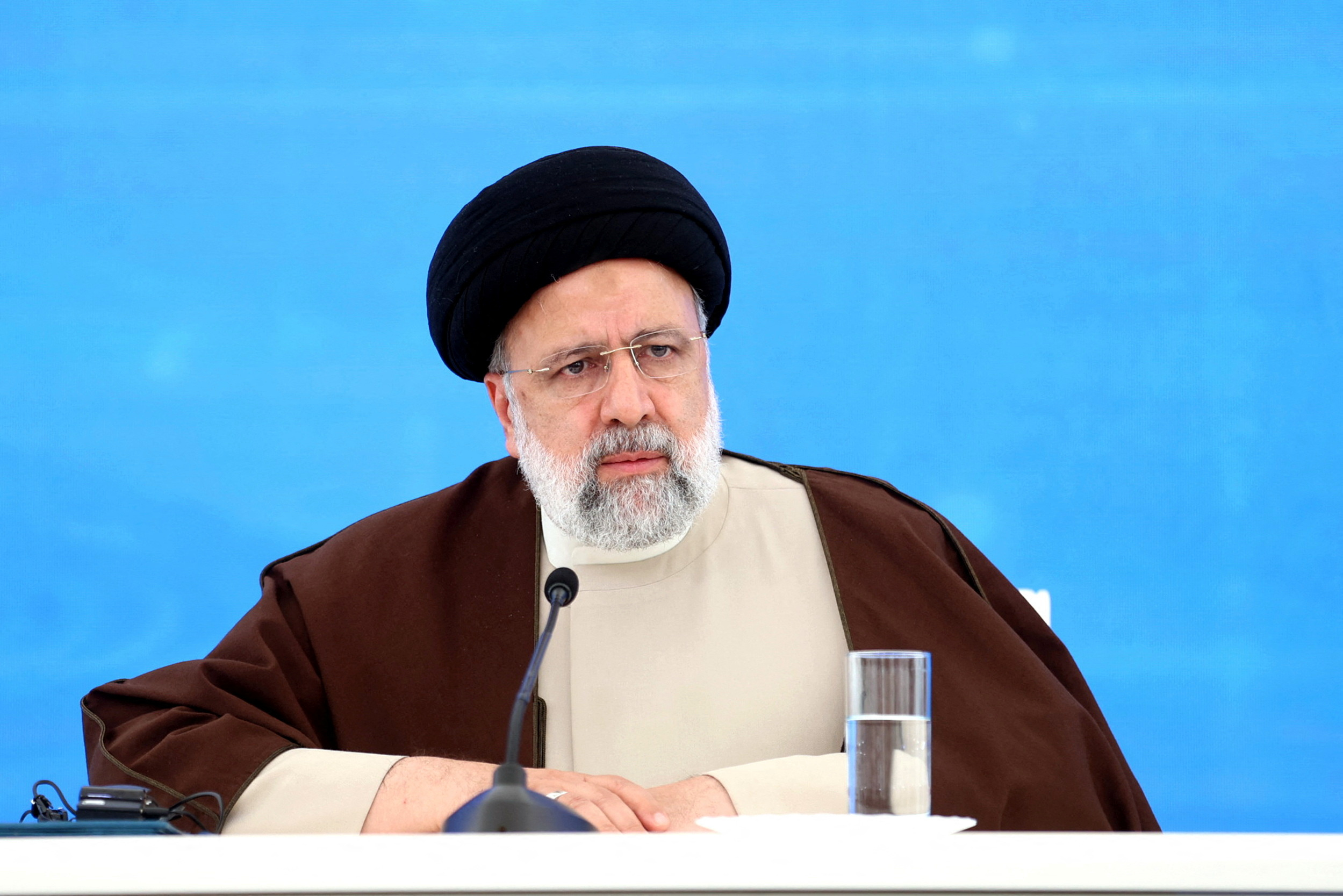 Iranian President Ebrahim Raisi speaks during a meeting with Azerbaijan's President Ilham Aliyev on the Azerbaijan-Iran border, May 19, 2024. Iran's Presidency