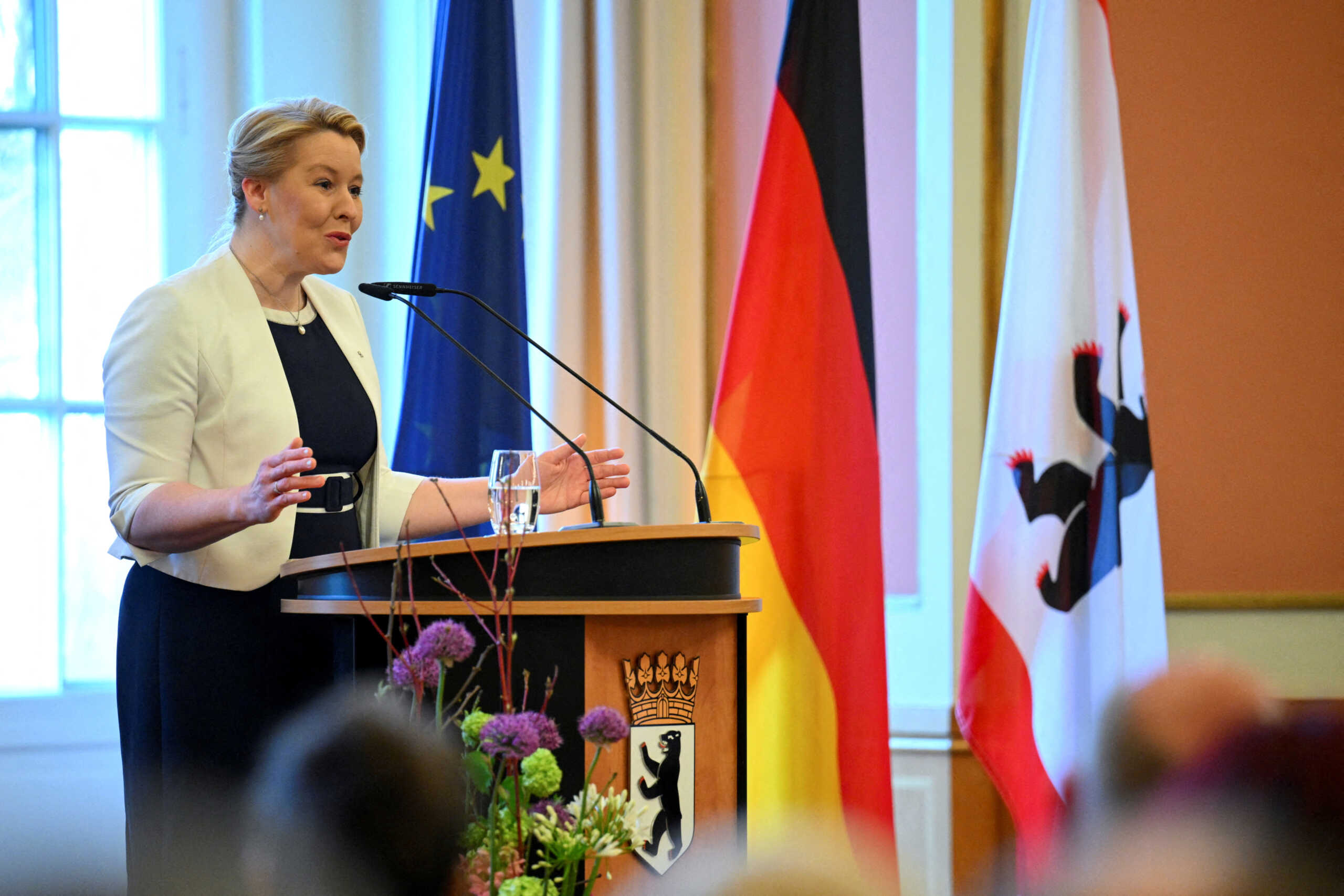 FILE PHOTO: Governing Mayor of Berlin, Franziska Giffey, delivers a speech during the ceremony of granting honorary citizenship of Berlin to pianist and conductor Daniel Barenboim, at the 'Rotes Rathaus' town hall in Berlin, Germany, April 21, 2023. REUTERS