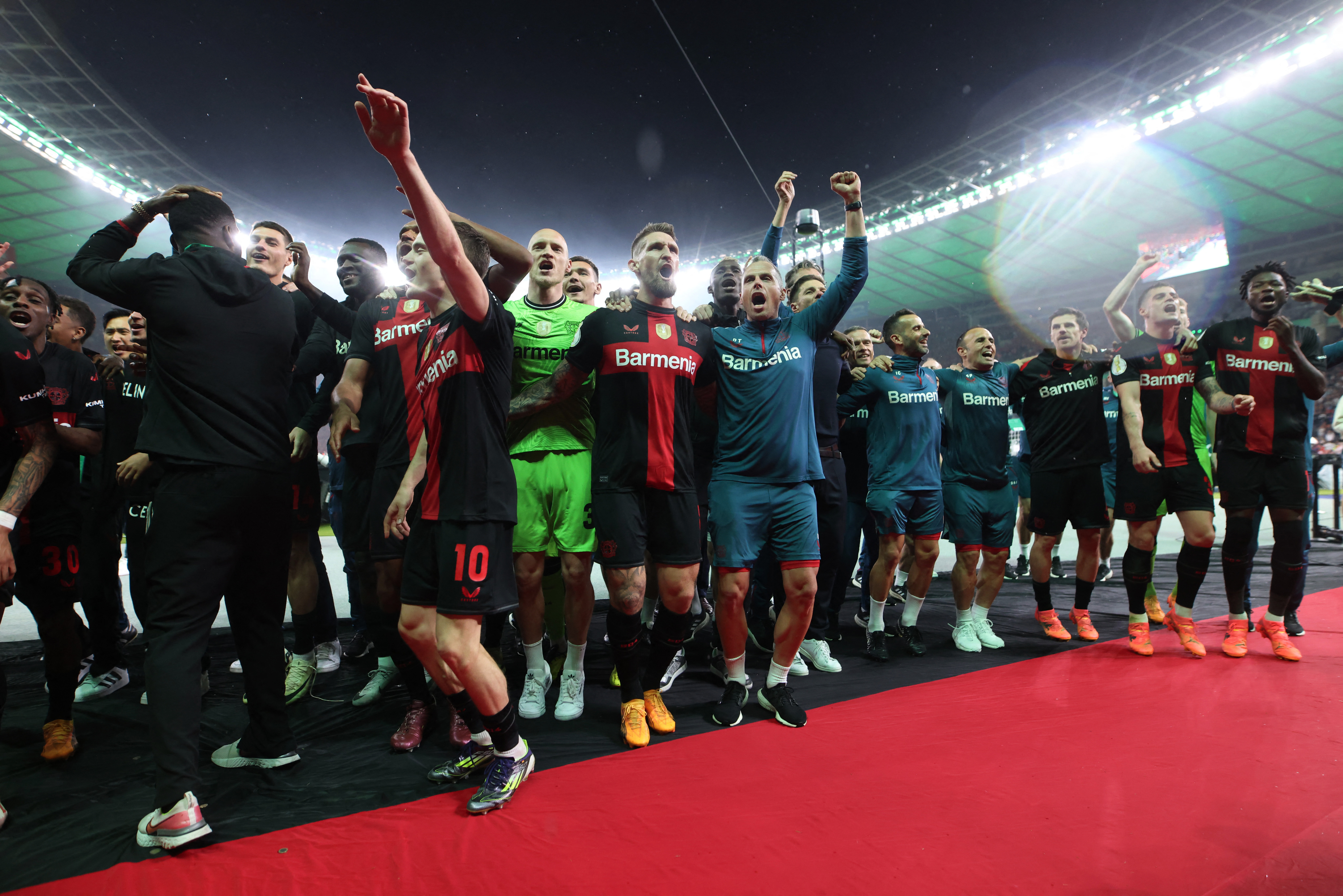 Soccer Football - DFB Cup - Final - 1.FC Kaiserslautern v Bayer Leverkusen - Olympiastadion, Berlin, Germany - May 25, 2024 Bayer Leverkusen players celebrate after winning the DFB Cup REUTERS