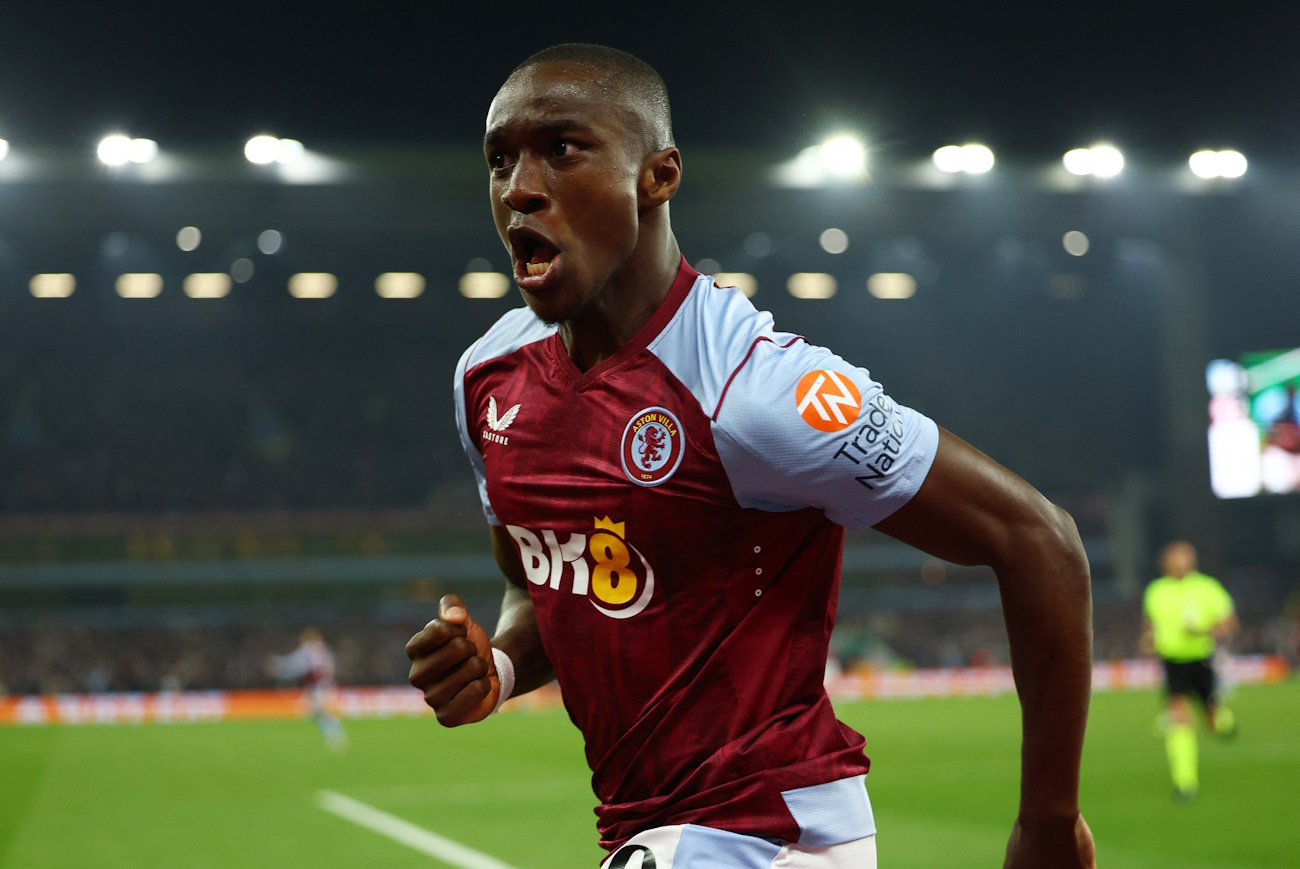 Soccer Football - Europa Conference League - Semi Final - First Leg - Aston Villa v Olympiacos - Villa Park, Birmingham, Britain - May 2, 2024  Aston Villa's Moussa Diaby celebrates scoring their second goal REUTERS