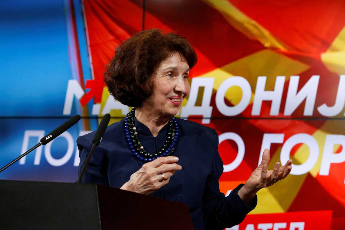 Gordana Siljanovska-Davkova addresses the press at VMRO party press conference announcing her victory at the presidential elections in Skopje, North Macedonia May 8, 2024. REUTERS