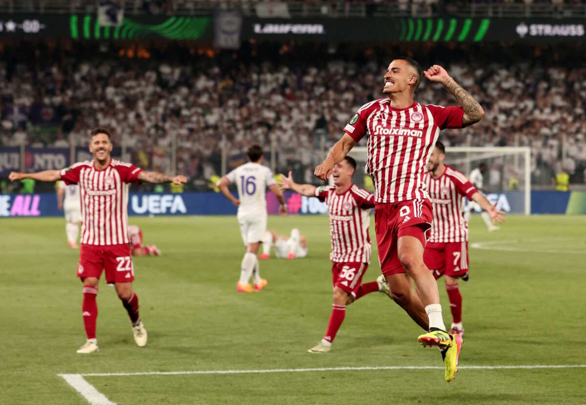 Soccer Football - Europa Conference League - Final - Olympiacos v Fiorentina - Agia Sophia Stadium, Athens, Greece - May 30, 2024 Olympiacos' Chiquinho celebrates after winning the Europa Conference League final REUTERS