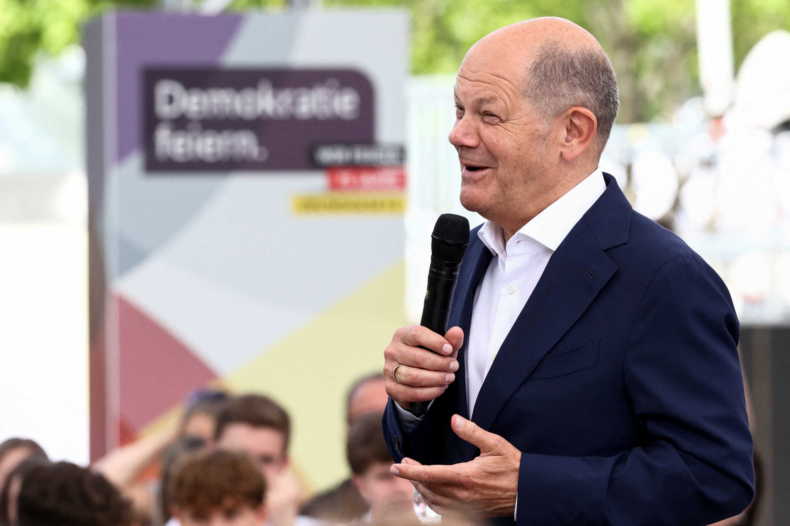 German Chancellor Olaf Scholz speaks during an event marking the 75th anniversary of the German Basic Law at Dialogue Forum in Berlin, Germany, May 24, 2024. REUTERS