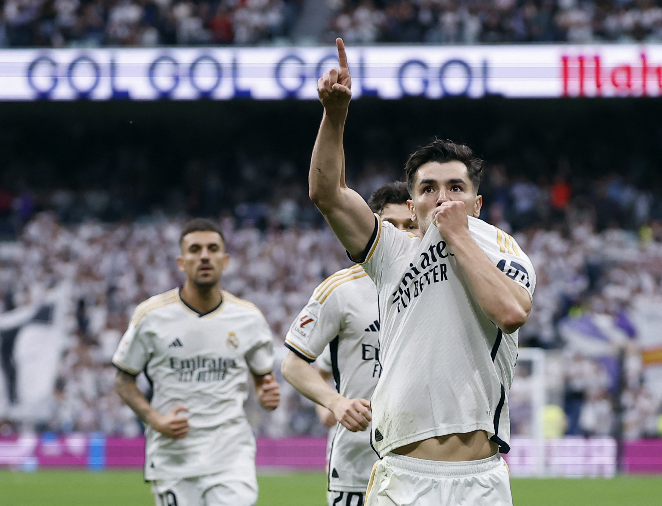 Soccer Football - LaLiga - Real Madrid v Cadiz - Santiago Bernabeu, Madrid, Spain - May 4, 2024 Real Madrid's Brahim Diaz celebrates scoring their first goal REUTERS