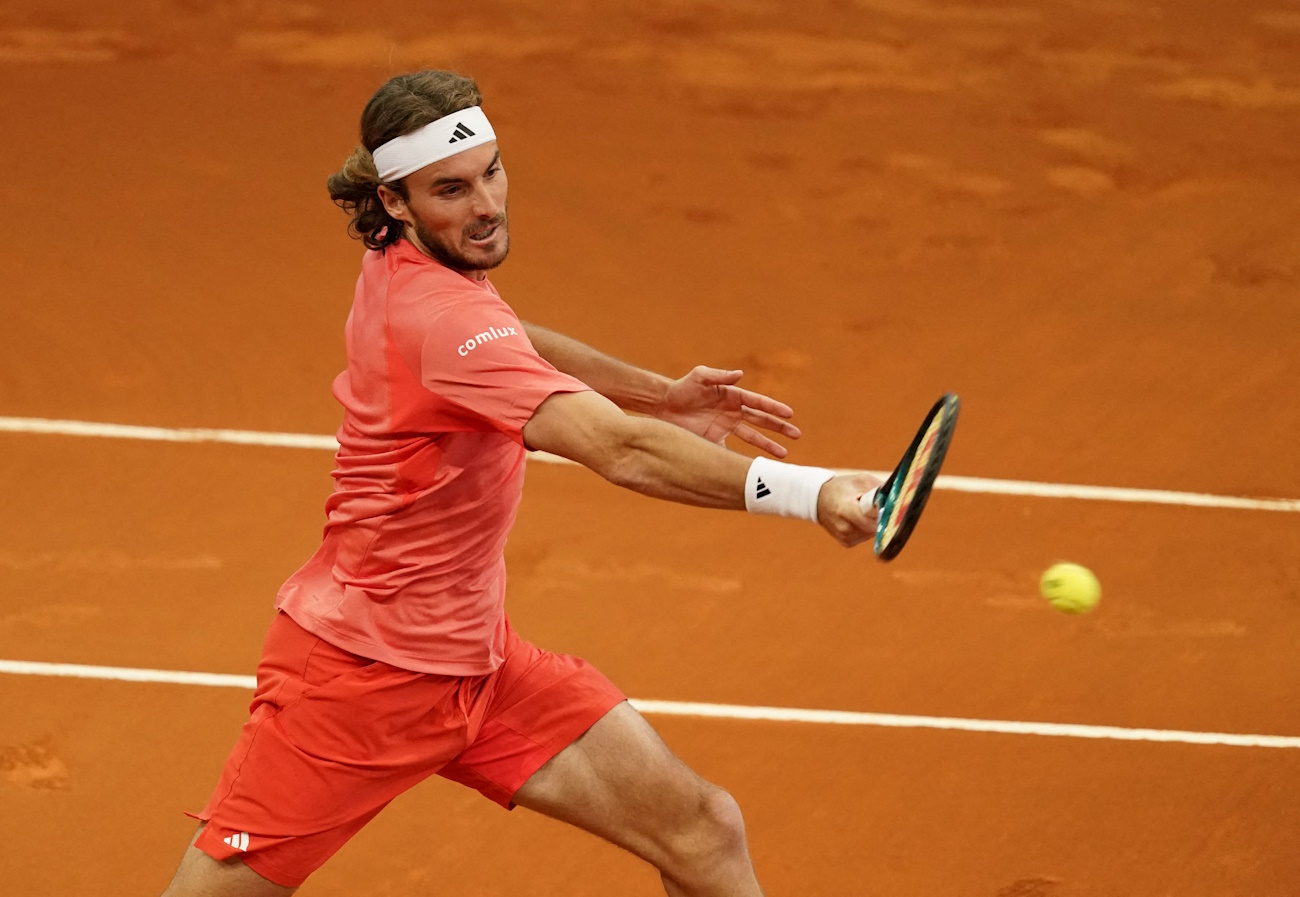 Tennis - Madrid Open - Park Manzanares, Madrid, Spain - April 27, 2024 Greece's Stefanos Tsitsipas in action during his round of 64 match against Brazil's Thiago Monteiro REUTERS
