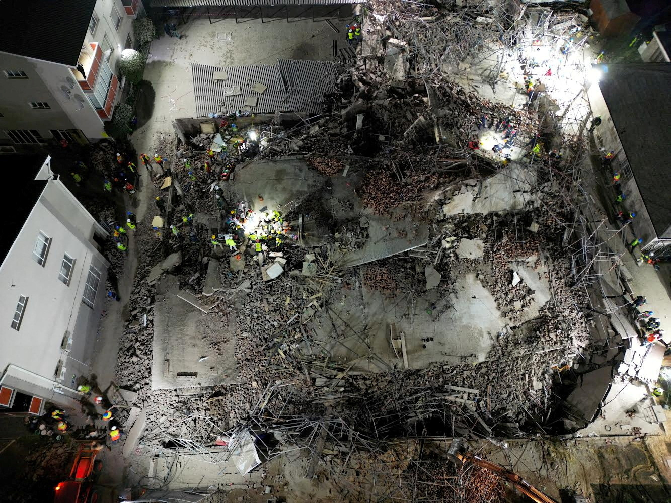 A drone view of the scene of a building collapse where several construction workers are thought to be trapped in George, South Africa May 6, 2024. REUTERS