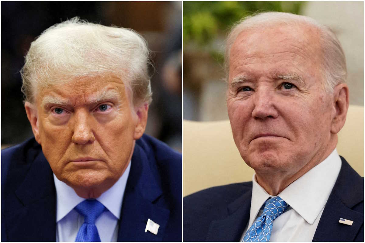 FILE PHOTO: Combination picture showing former U.S. President Donald Trump attending the Trump Organization civil fraud trial, in New York State Supreme Court in the Manhattan borough of New York City, U.S., November 6, 2023 and U.S. President Joe Biden participating in a meeting with Italy's Prime Minister Giorgia Meloni in the Oval Office at the White House in Washington, U.S., March 1, 2024. REUTERS