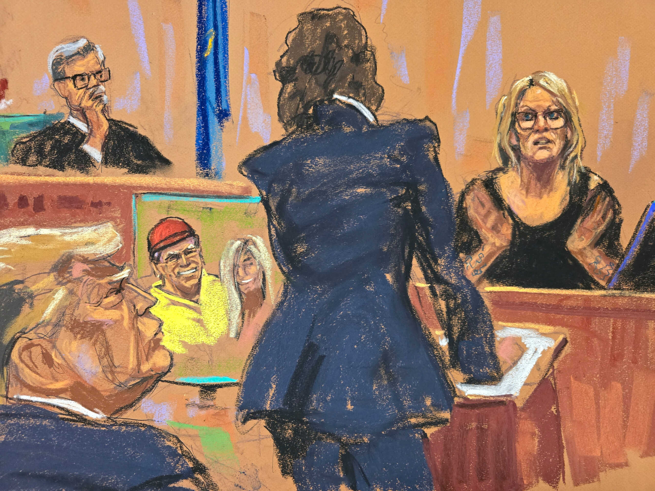 Stormy Daniels is questioned by prosecutor Susan Hoffinger before Justice Juan Merchan during former U.S. President Donald Trump's criminal trial on charges that he falsified business records to conceal money paid to silence porn star Stormy Daniels in 2016, in Manhattan state court in New York City, U.S. May 7, 2024 in this courtroom sketch. REUTERS
