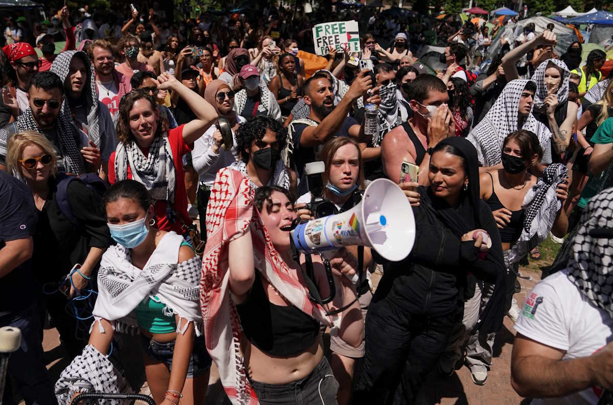Demonstrators and student activists gather at a protest encampment in support of Palestinians, amid the ongoing conflict between Israel and the Palestinian Islamist group Hamas, in University Yard at George Washington University in Washington, U.S., May 2, 2024. REUTERS