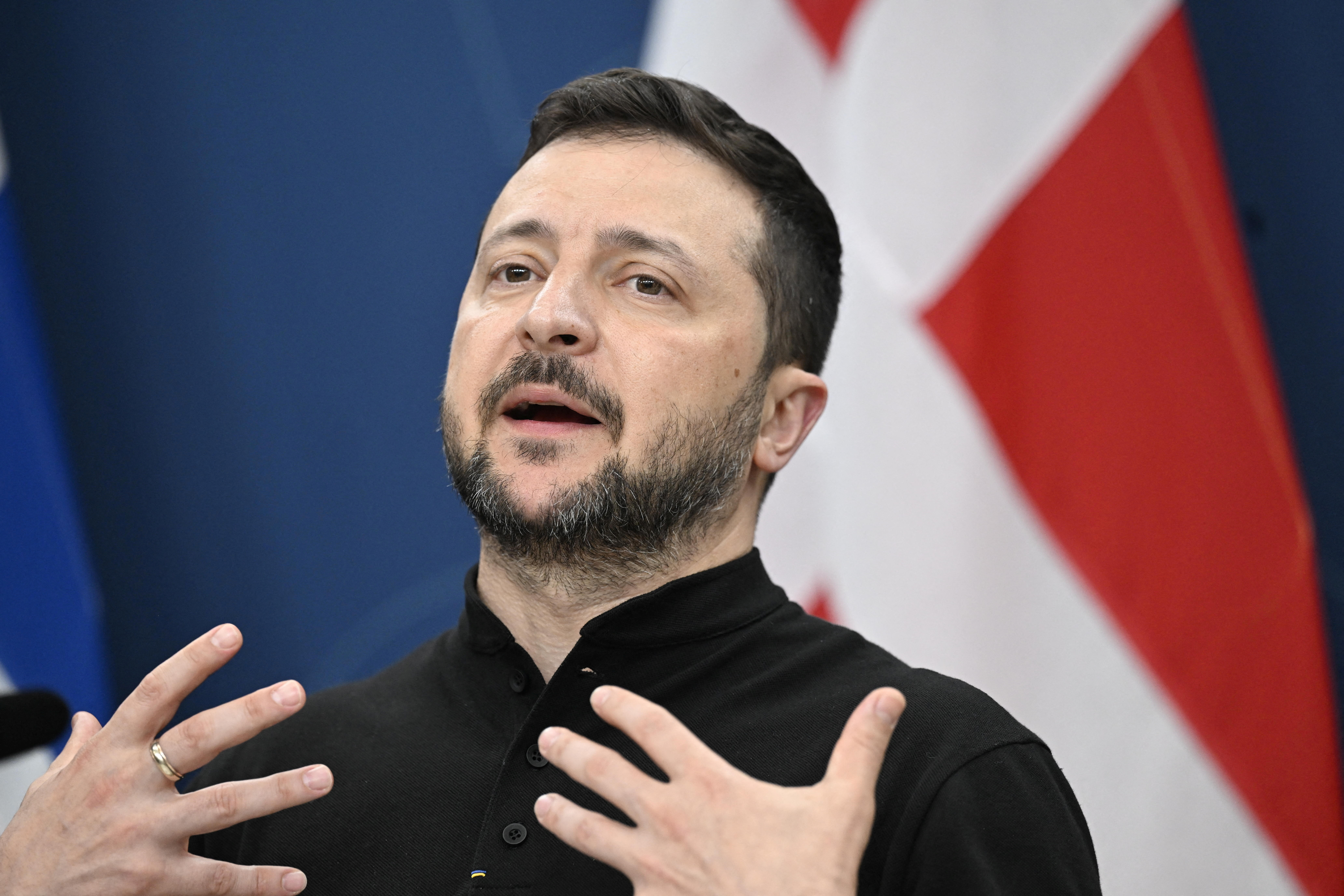 Ukrainian President Volodymyr Zelenskiy speaks at the press conference during the Nordic summit in Stockholm, Sweden, May 31, 2024. TT News Agency