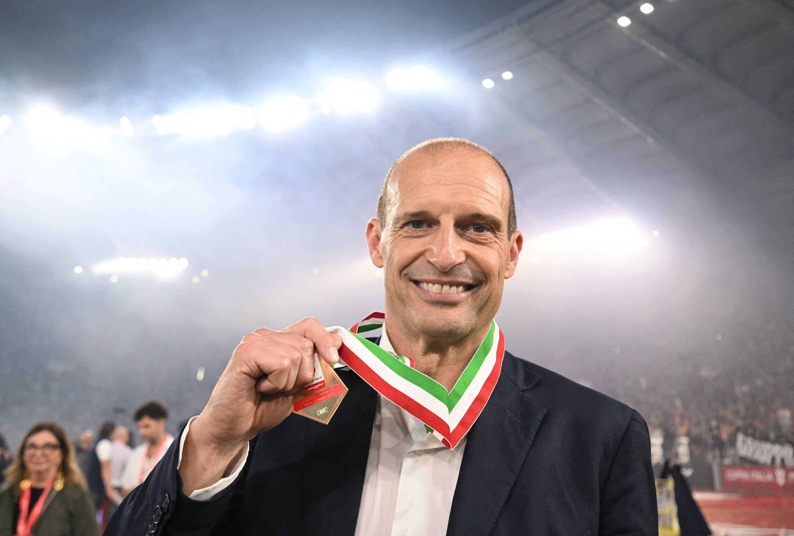 Soccer Football - Coppa Italia - Final - Atalanta v Juventus - Stadio Olimpico, Rome, Italy - May 15, 2024 Juventus coach Massimiliano Allegri celebrates after winning the Coppa Italia final REUTERS