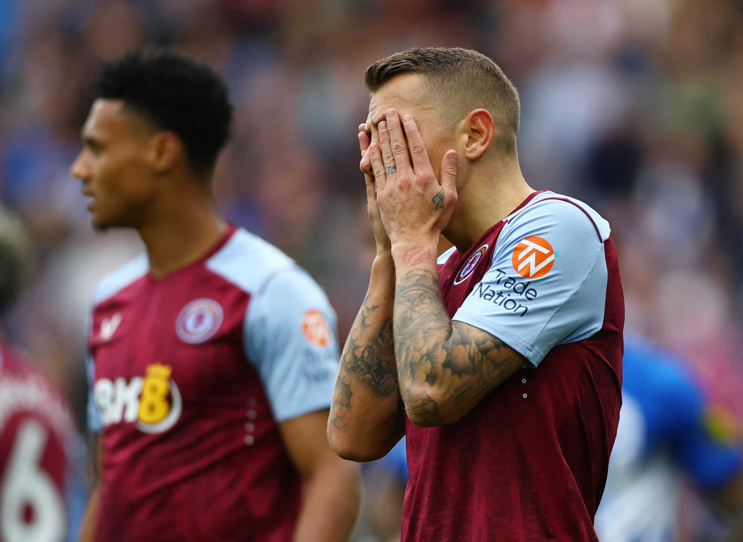 Soccer Football - Premier League - Brighton & Hove Albion v Aston Villa - The American Express Community Stadium, Brighton, Britain - May 5, 2024 Aston Villa's Lucas Digne reacts Action Images via Reuters