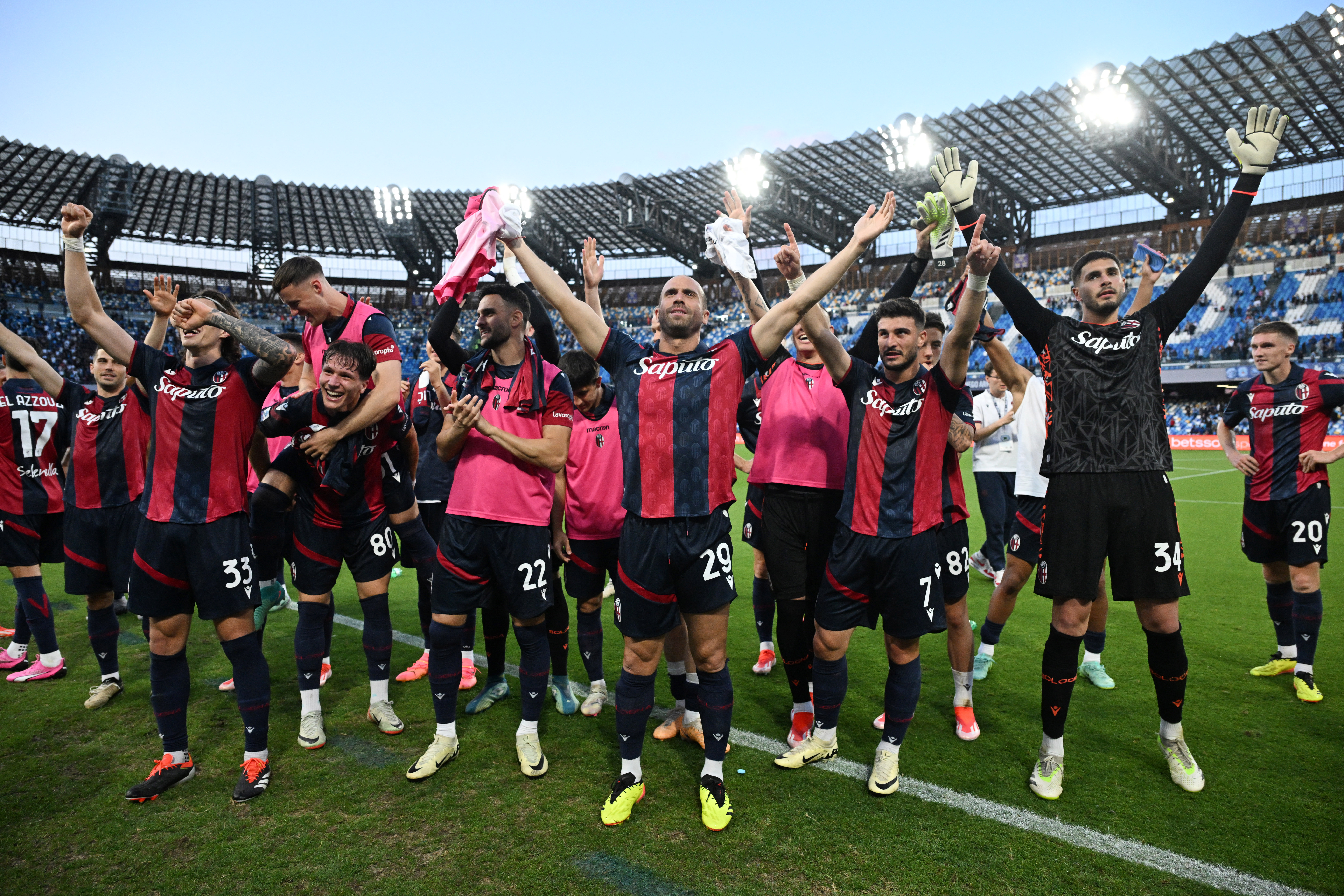 Soccer Football - Serie A - Napoli v Bologna - Stadio Diego Armando Maradona, Naples, Italy - May 11, 2024 Bologna players celebrate with their fans after the match REUTERS