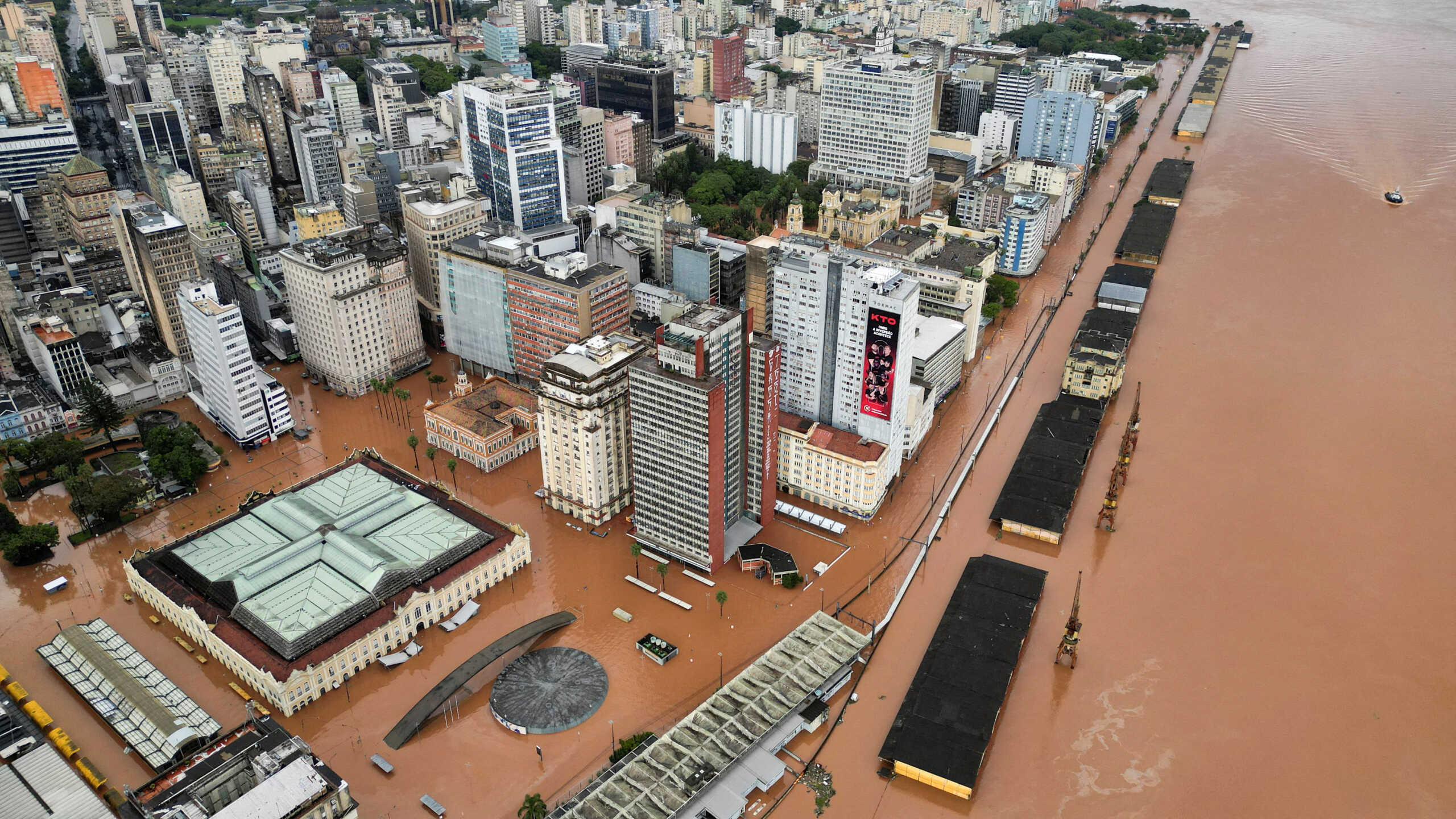 A drone view shows a flooded city center after people were evacuated in Porto Alegre, in Rio Grande do Sul state, Brazil, May 5, 2024. REUTERS