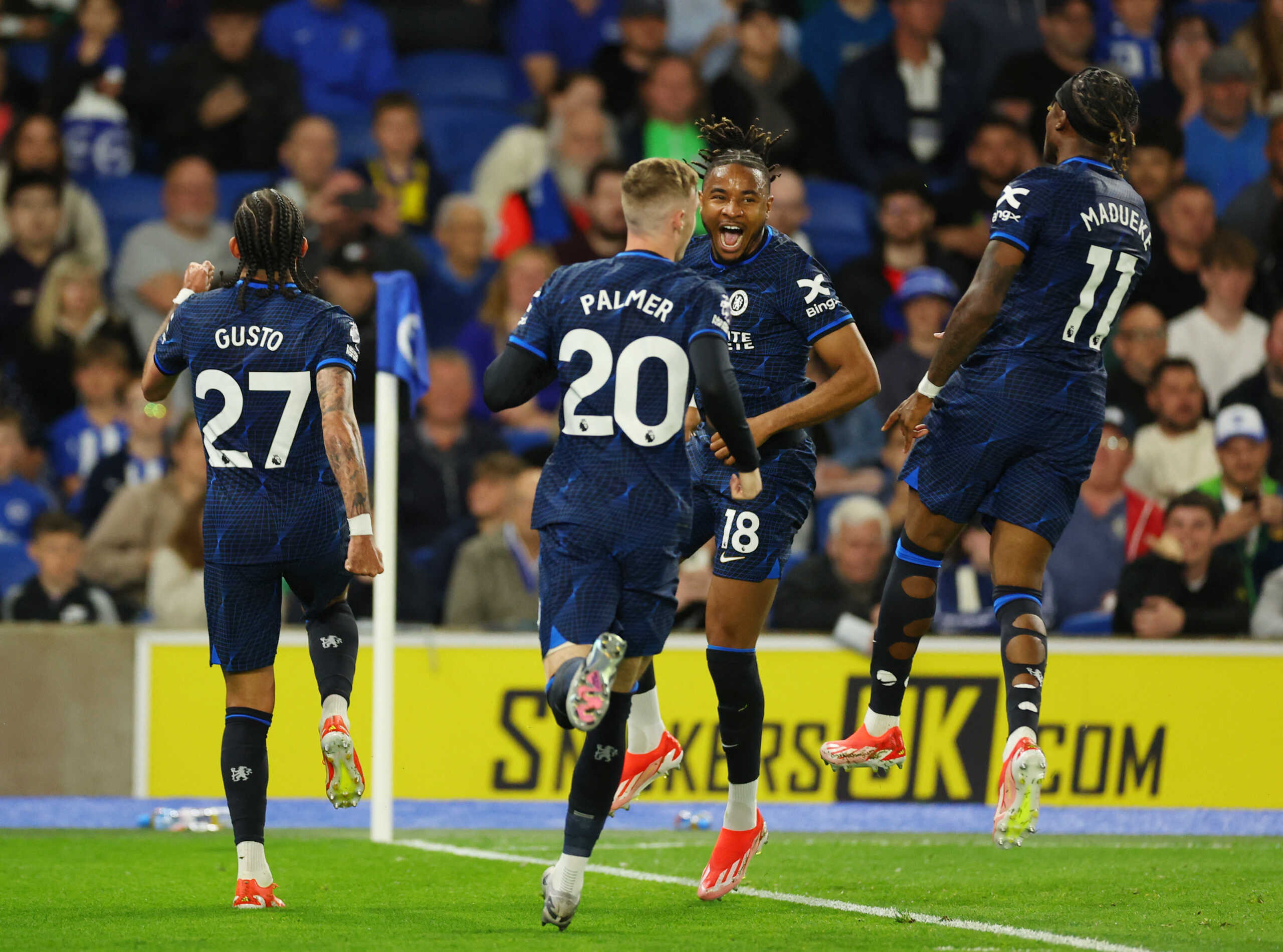 Soccer Football - Premier League - Brighton & Hove Albion v Chelsea - The American Express Community Stadium, Brighton, Britain - May 15, 2024 Chelsea's Christopher Nkunku celebrates scoring their second goal with Cole Palmer, Malo Gusto and Noni Madueke REUTERS