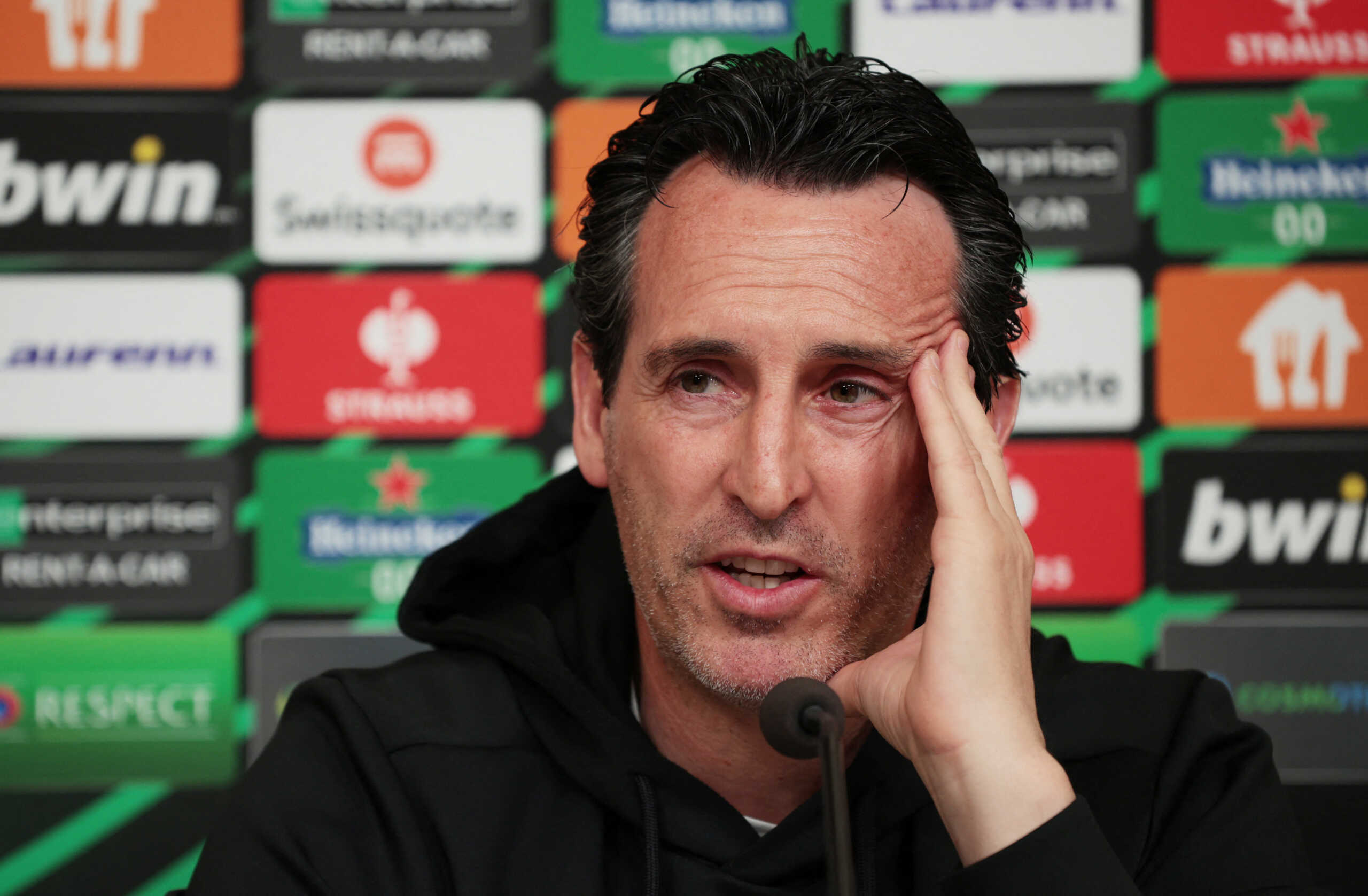 Soccer Football - Europa Conference League - Aston Villa Press Conference - Karaiskakis Stadium, Piraeus, Greece - May 8, 2024 Aston Villa manager Unai Emery during the press conference REUTERS