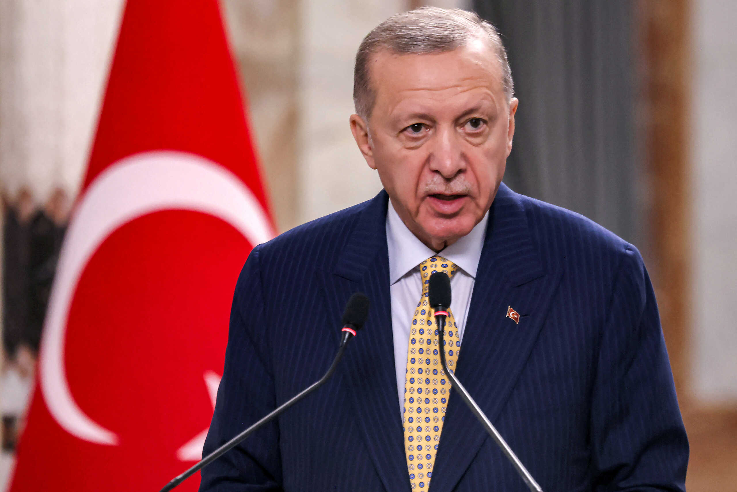 Turkey's President Recep Tayyip Erdogan speaks during a joint statement to the media in Baghdad, Iraq April 22, 2024.     AHMAD AL-RUBAYE