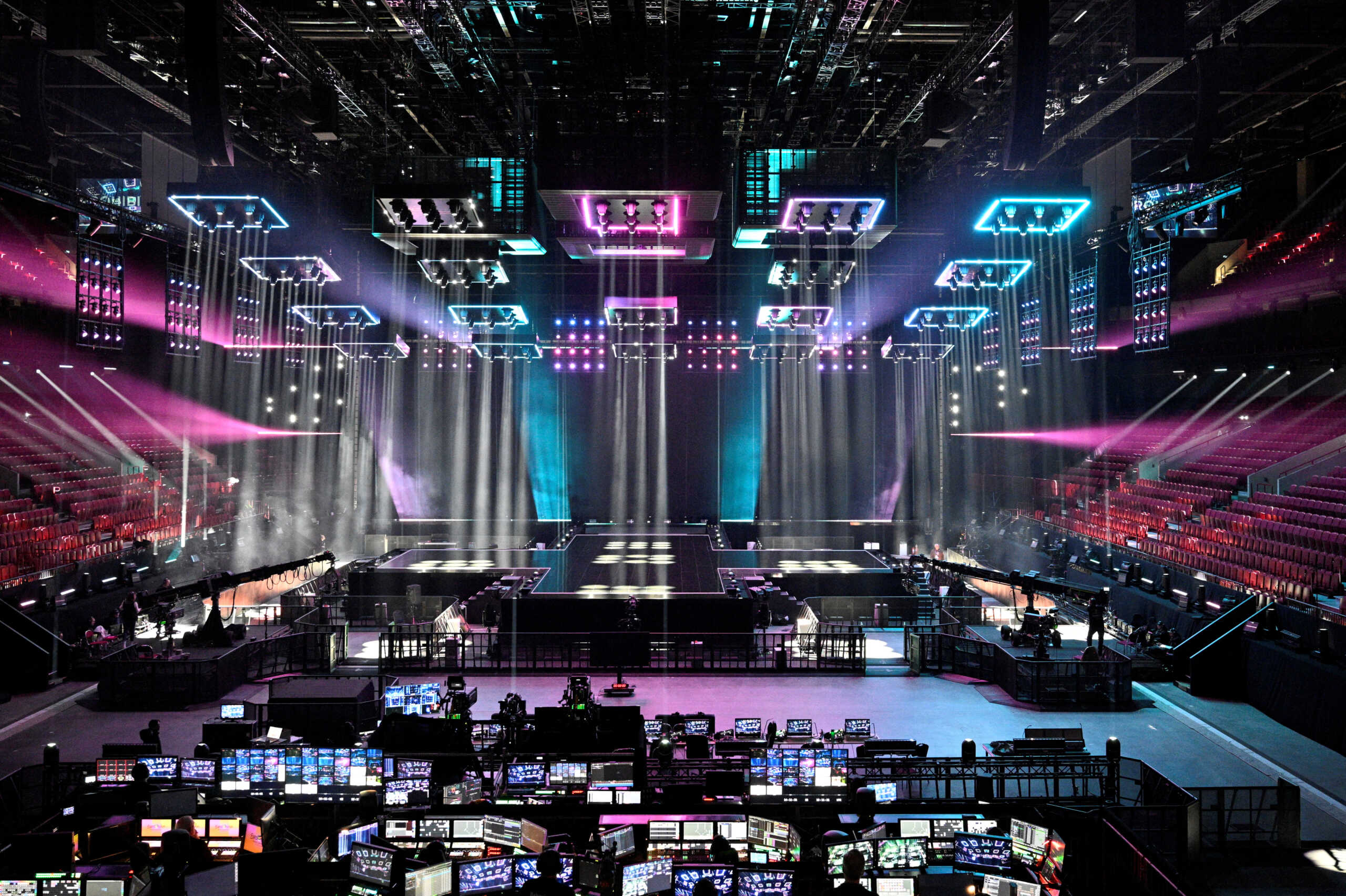A view of the completed Eurovision stage for the Eurovision Song Contest in May, at Malmo Arena during a press conference in Malmo, Sweden, April 25, 2024.  TT News Agency