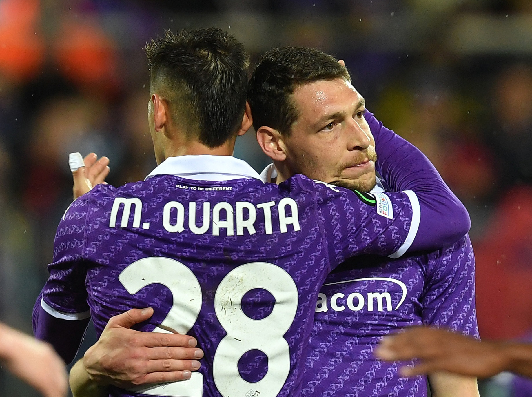 Soccer Football - Europa Conference League - Semi Final - First Leg - Fiorentina v Club Brugge - Stadio Artemio Franchi, Florence, Italy - May 2, 2024 Fiorentina's Andrea Belotti and Lucas Martinez Quarta REUTERS