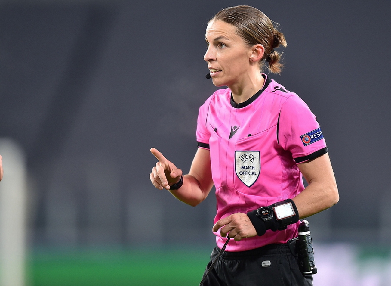 epa08858209 French referee Stephanie Frappart (C) during the UEFA Champions League Group G soccer match between Juventus FC vs FK Dynamo Kyiv at the Allianz Stadium in Turin, Italy, 2 December 2020. Frappart is the first female referee to lead a men's Champions League match.  EPA