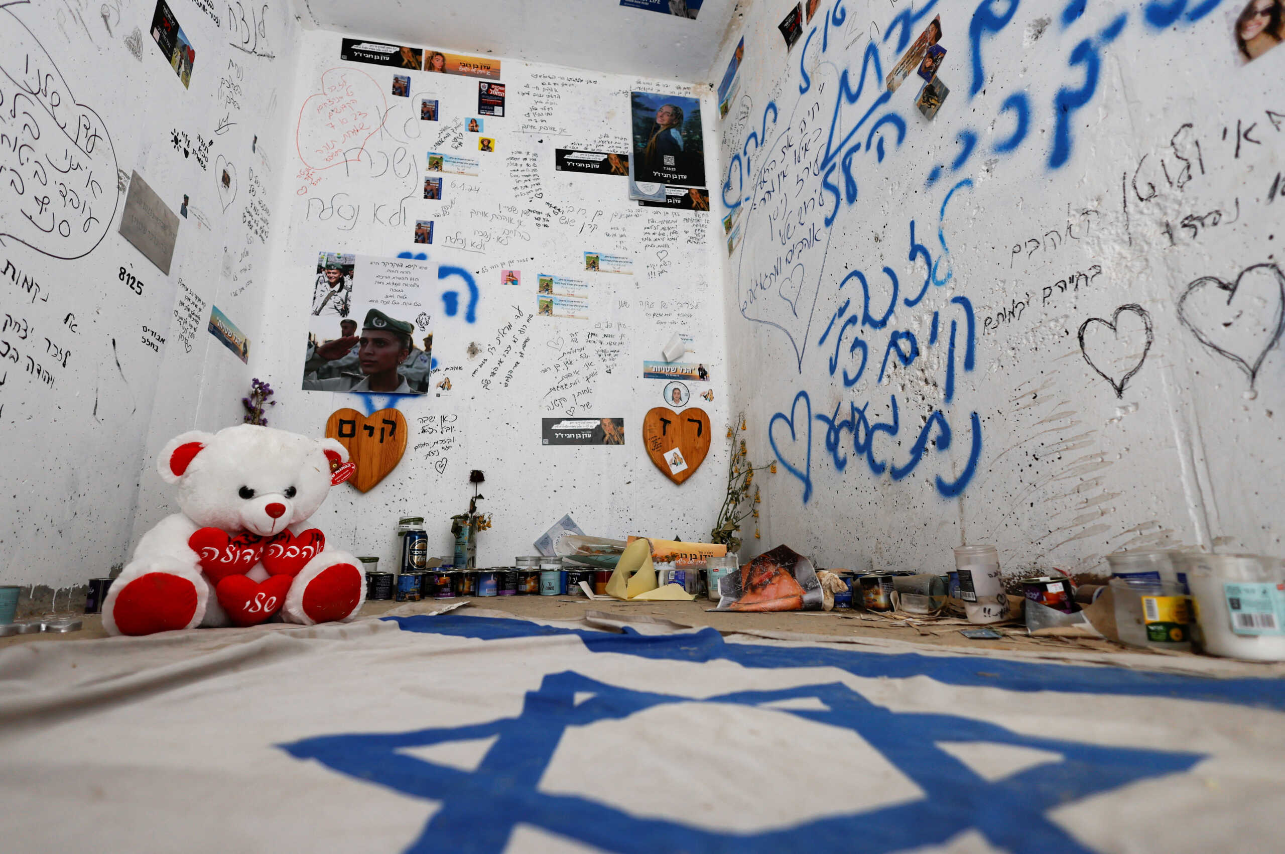 A teddy bear sits on the floor of a bomb shelter, in which, six months prior, people sought refuge before being killed during the deadly October 7 attack on Israel by Palestinian Islamist group Hamas from Gaza, near Kibbutz Beeri in southern Israel, April 7, 2024. REUTERS