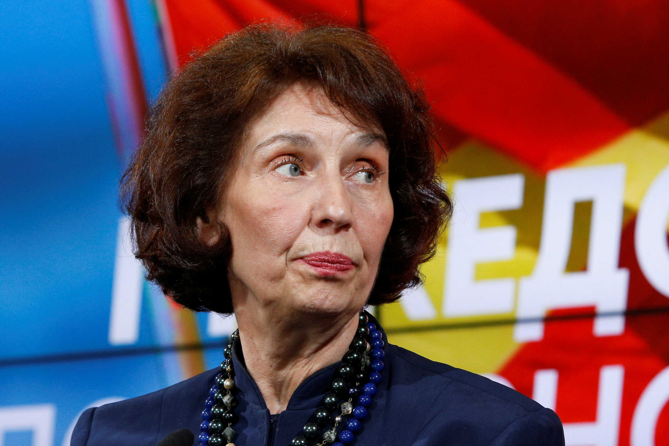 Gordana Siljanovska-Davkova addresses the press at VMRO party press conference announcing her victory at the presidential elections in Skopje, North Macedonia May 8, 2024. REUTERS
