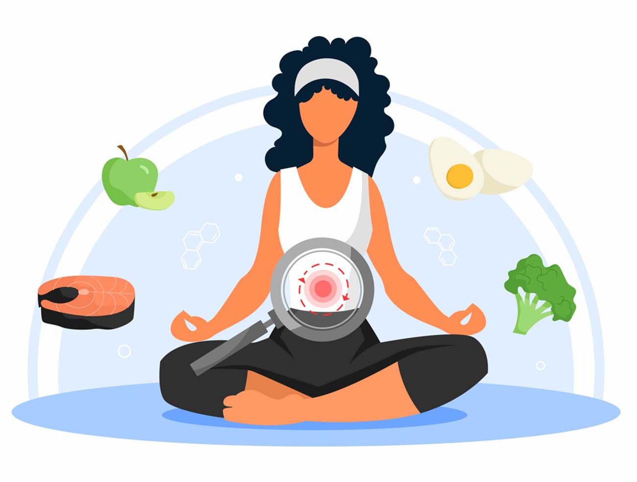 Concept of metabolism. Young girl sits in lotus position, meditation and active lifestyle. Balance, proteins, fats and carbohydrates. Natural and organic products. Cartoon flat vector illustration