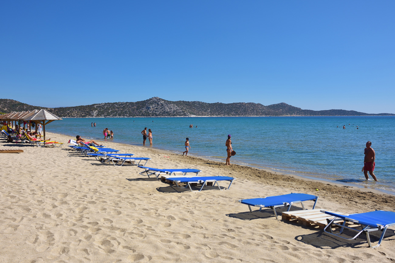 Marathon, Greece - Oct 01, 2016: The beautiful Schinias sandy beach, one from most popular beach in Attica