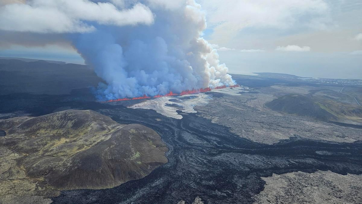 A volcano spews lava and smoke as it erupts near Grindavik, on Reykjanes Peninsula, Iceland, May 29, 2024. Iceland Civil Protection