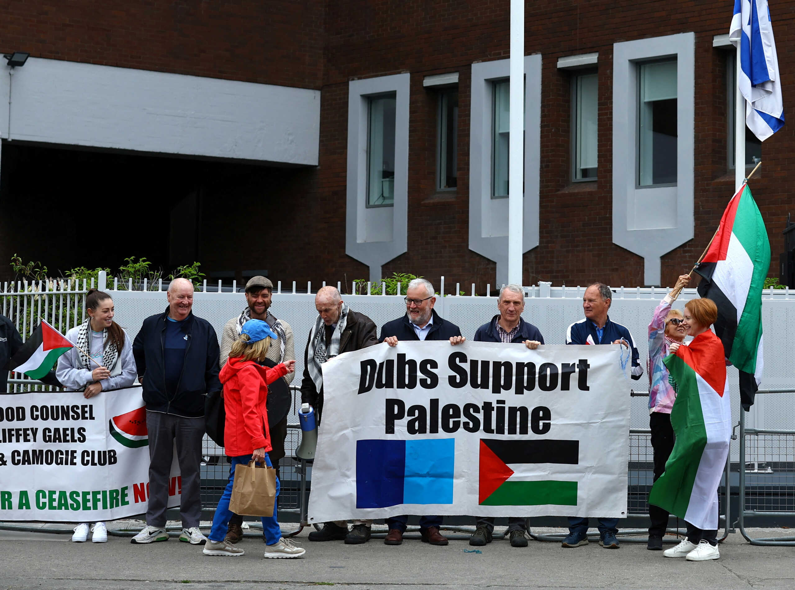 Demonstrators in support of Palestinians stand outside the Israeli embassy after Ireland has announced it will recognise a Palestinian state, in Dublin, Ireland, May 22, 2024. REUTERS