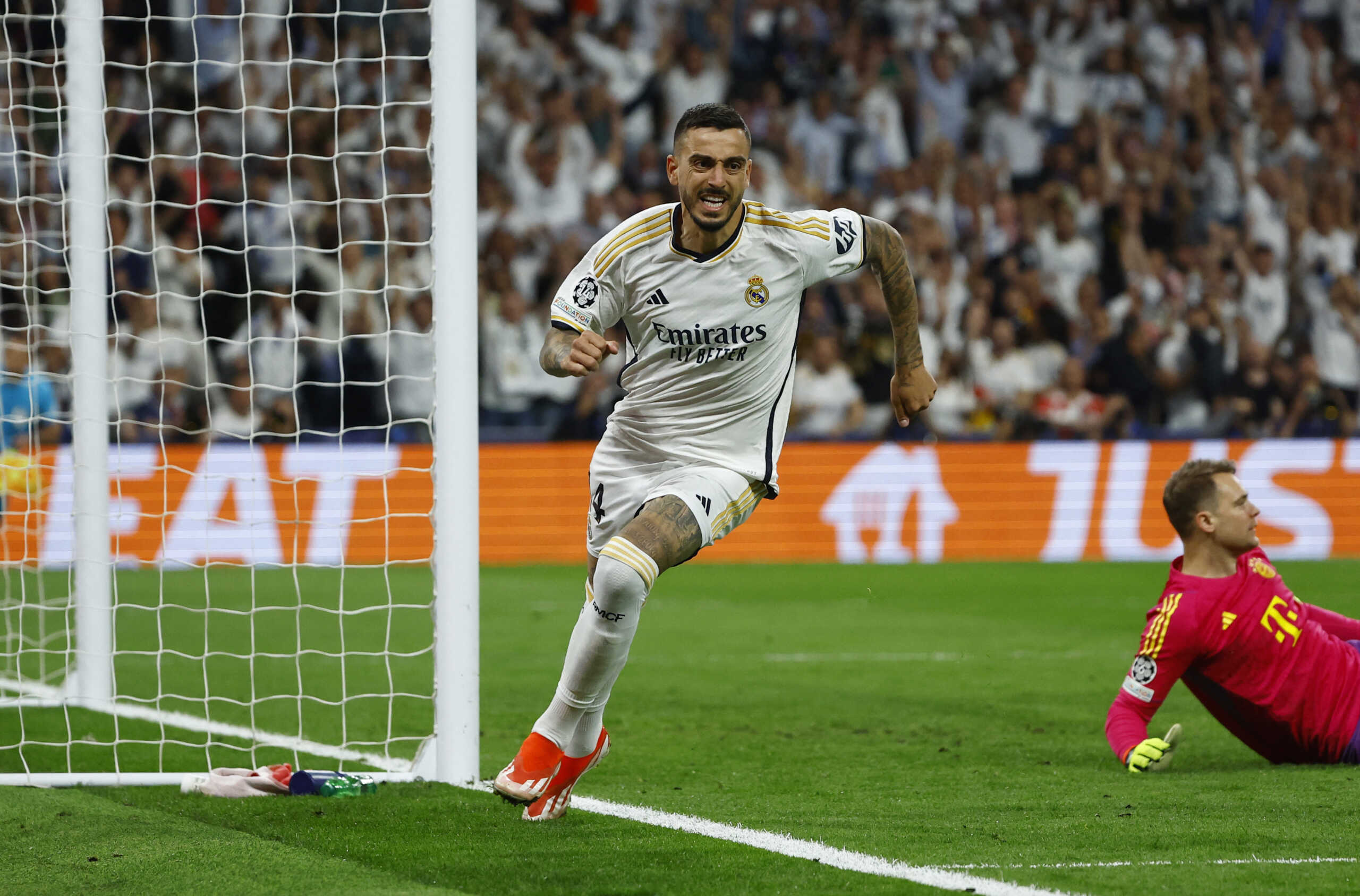 Soccer Football - Champions League - Semi Final - Second Leg - Real Madrid v Bayern Munich - Santiago Bernabeu, Madrid, Spain - May 8, 2024  Real Madrid's Joselu celebrates scoring their first goal REUTERS
