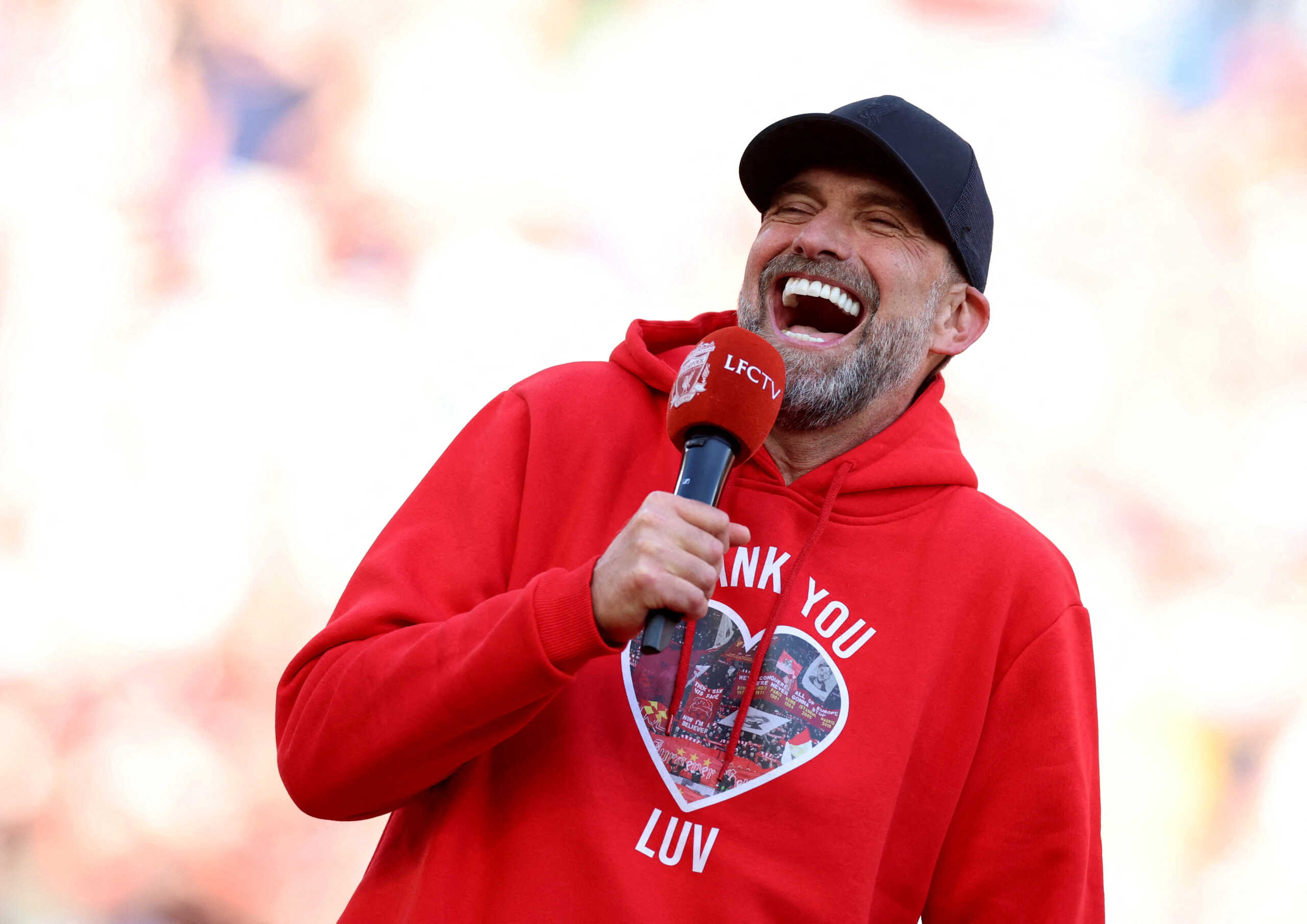 Soccer Football - Premier League - Liverpool v Wolverhampton Wanderers - Anfield, Liverpool, Britain - May 19, 2024 Liverpool manager Juergen Klopp reacts as he gives a speech after his last match as Liverpool manager REUTERS