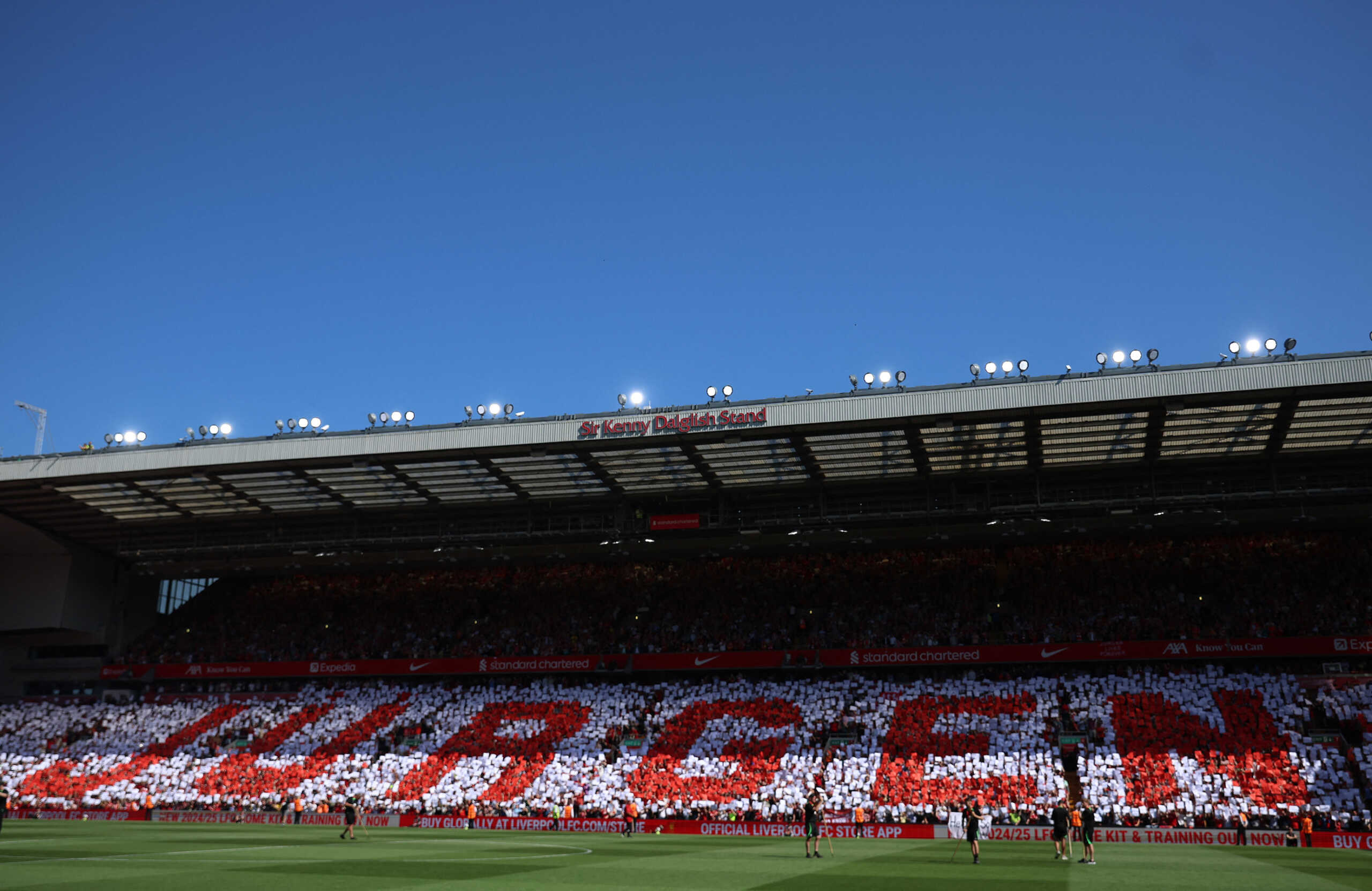 Soccer Football - Premier League - Liverpool v Wolverhampton Wanderers - Anfield, Liverpool, Britain - May 19, 2024 Fans display the name of Liverpool manager Juergen Klopp in the stands before his last match REUTERS