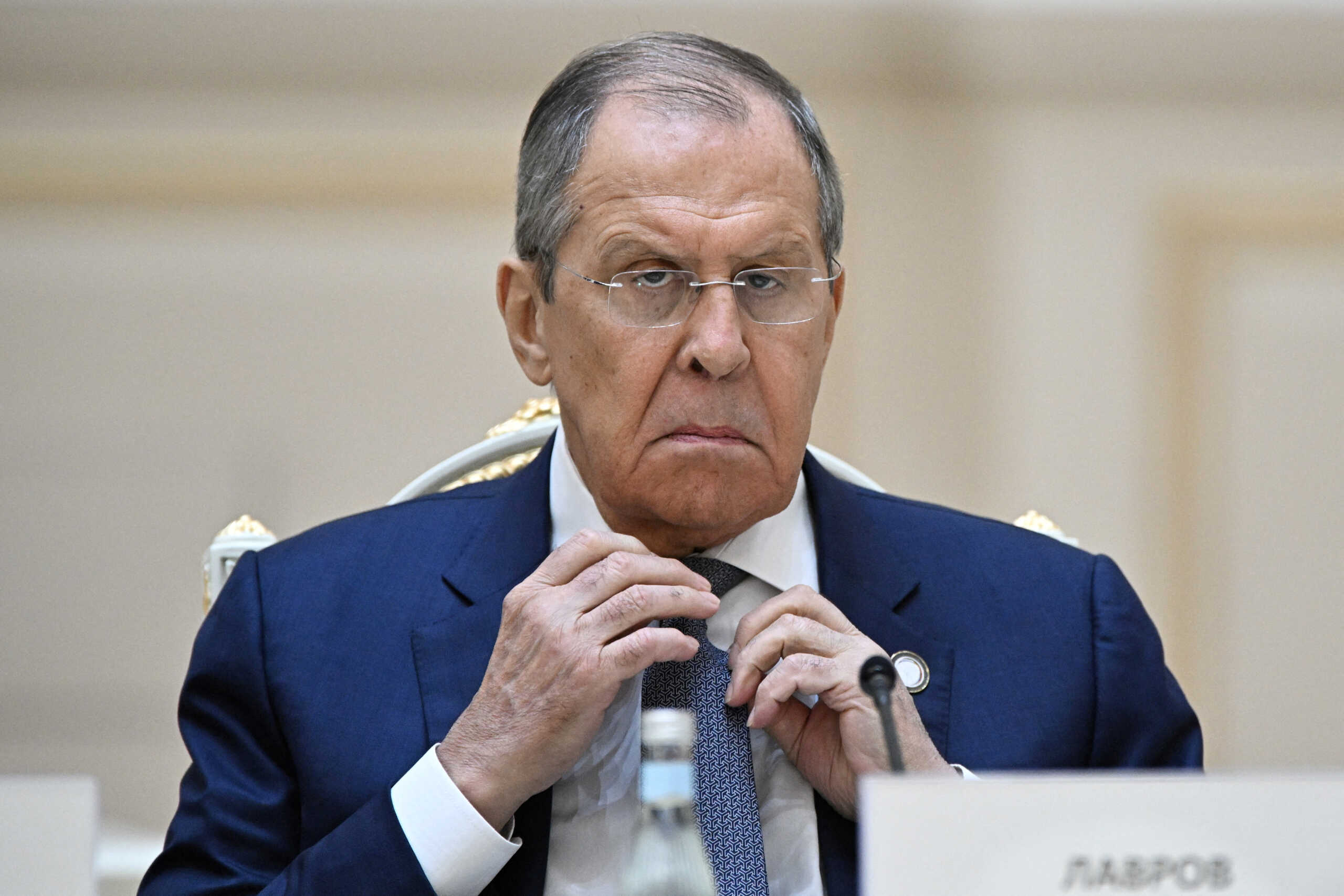 Russian Foreign Minister Sergei Lavrov attends a meeting of Russian President Vladimir Putin and Uzbek President Shavkat Mirziyoyev in expanded format at the Kuksaroy Presidential Palace in Tashkent, Uzbekistan May 27, 2024. Sputnik