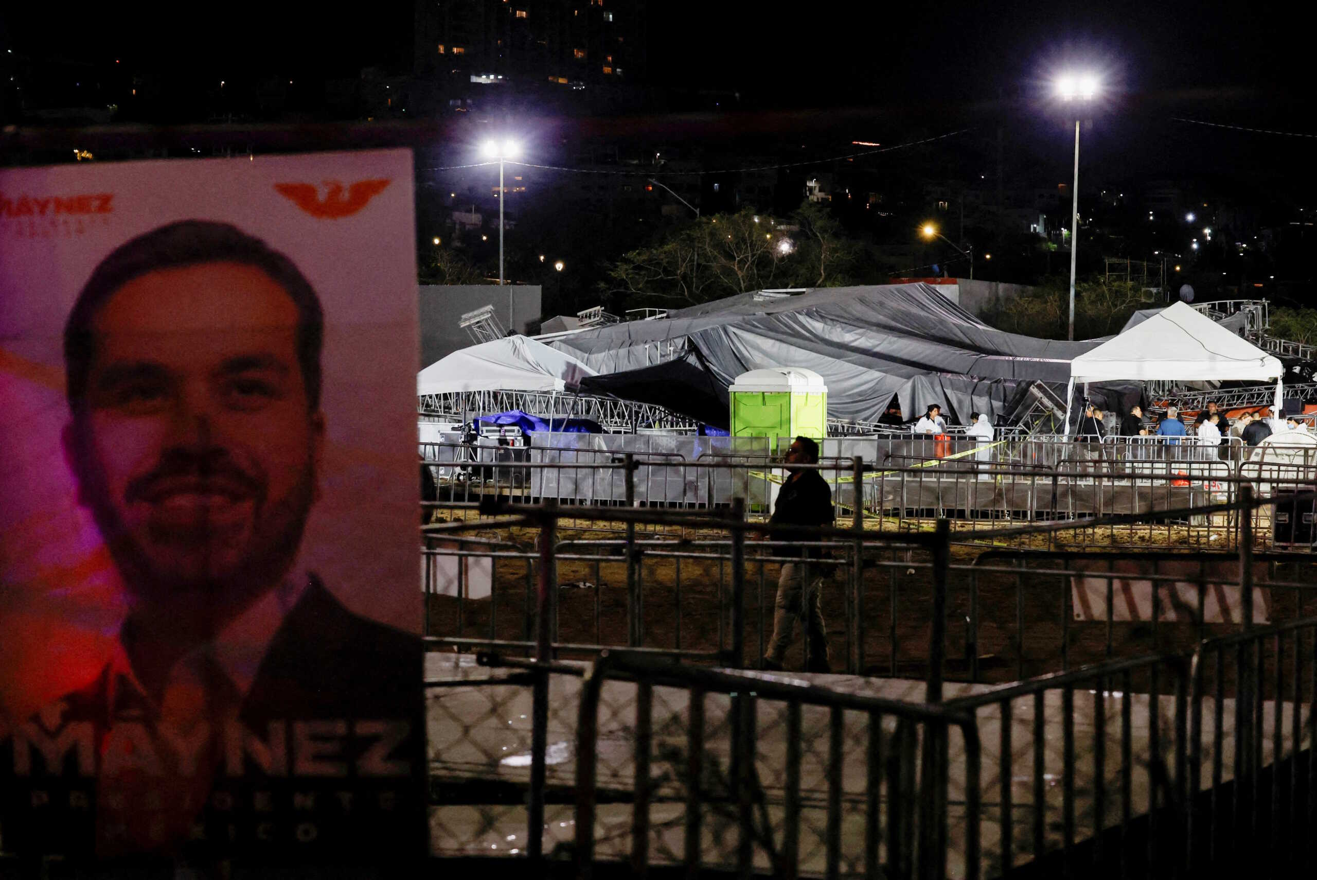 A poster of presidential candidate of the Citizen's Movement Party Jorge Alvarez Maynez is pictured at the site after a gust of wind caused a structure to collapse, resulting in multiple fatalities and injuries, at a campaign event for the Citizens' Movement party, in San Pedro Garza Garcia, Nuevo Leon, Mexico May 22, 2024. REUTERS