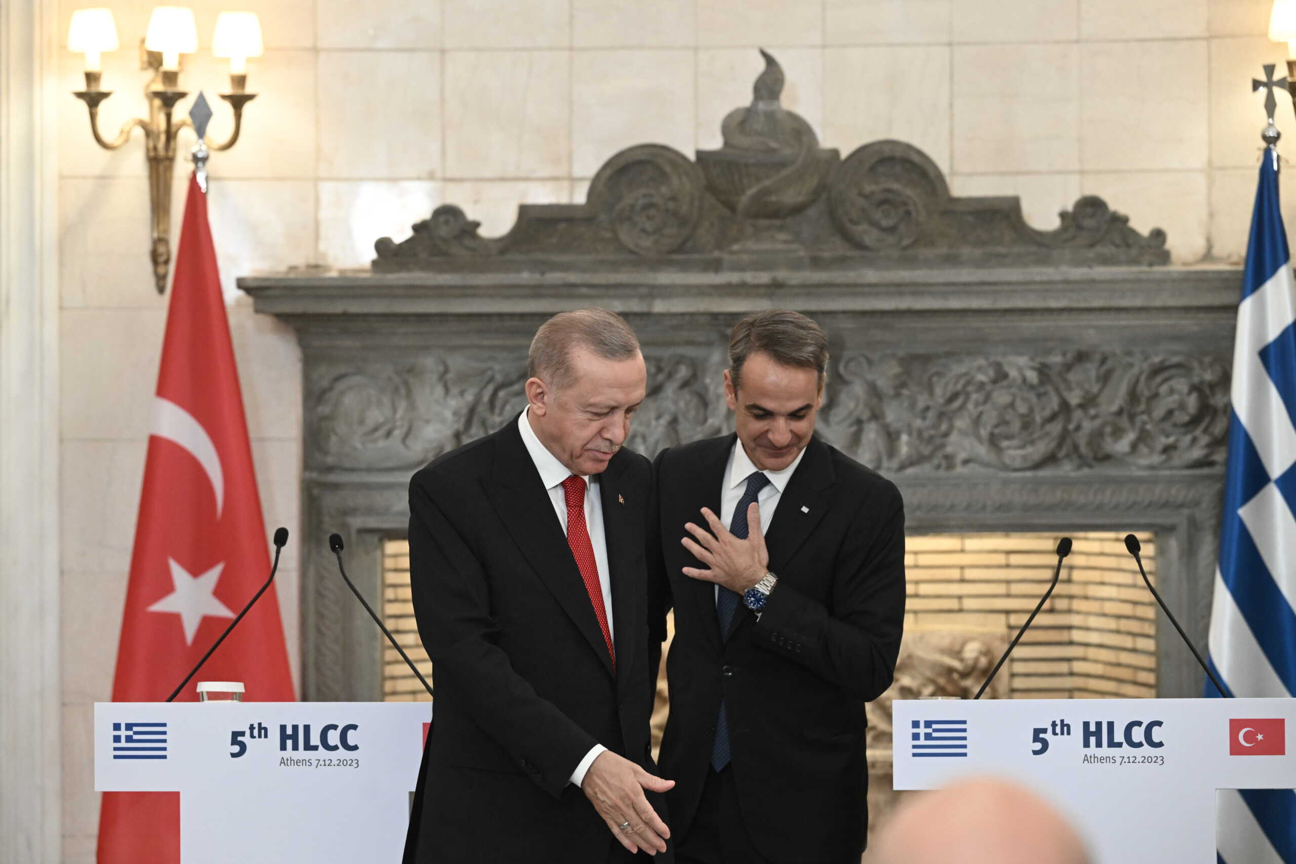 Δηλώσεις του Πρωθυπουργού Κυριάκου Μητσοτάκη και του Προέδρο της Τουρκίας Recep Tayyip Erdogan, μετά την συνάντησή τους στο Μέγαρο Μαξίμου, Πέμπτη 7 Δεκεμβρίου 2023. 
(ΤΑΤΙΑΝΑ ΜΠΟΛΑΡΗ