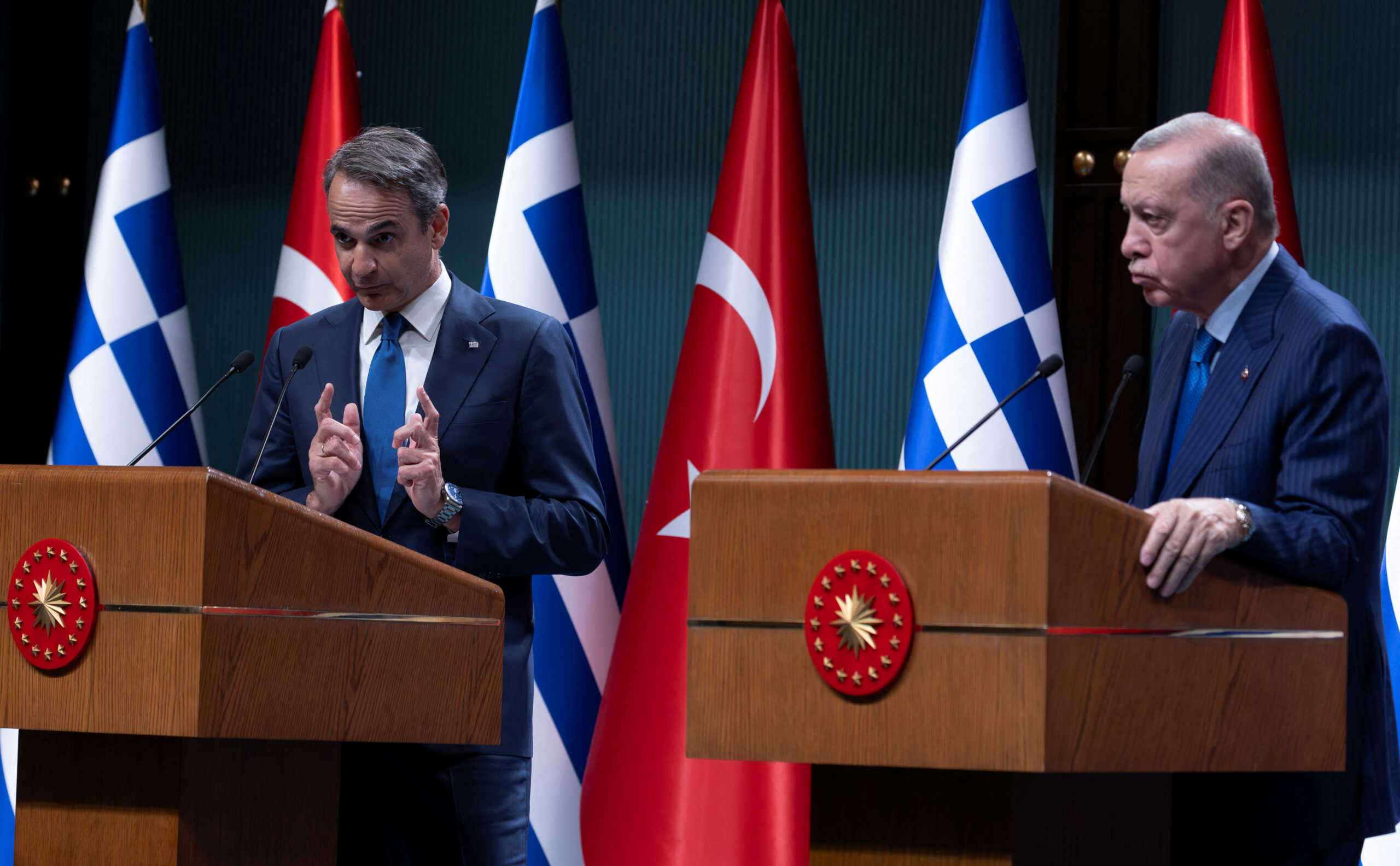 Turkey's President Tayyip Erdogan and Greek Prime Minister Kyriakos Mitsotakis attend a press conference at the Presidential Palace in Ankara, Turkey, May 13, 2024. REUTERS