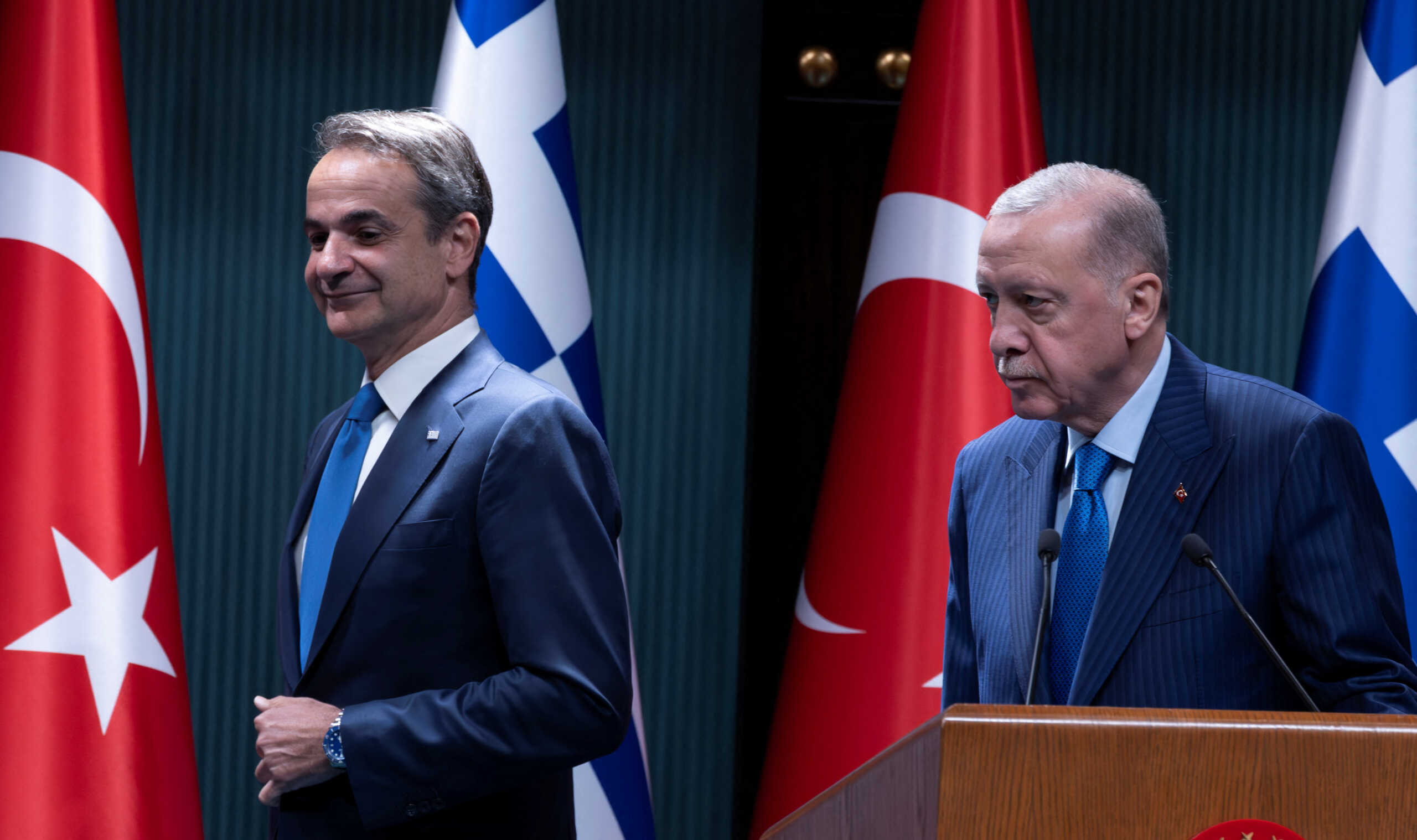 Turkey's President Tayyip Erdogan and Greek Prime Minister Kyriakos Mitsotakis attend a press conference at the Presidential Palace in Ankara, Turkey, May 13, 2024. REUTERS