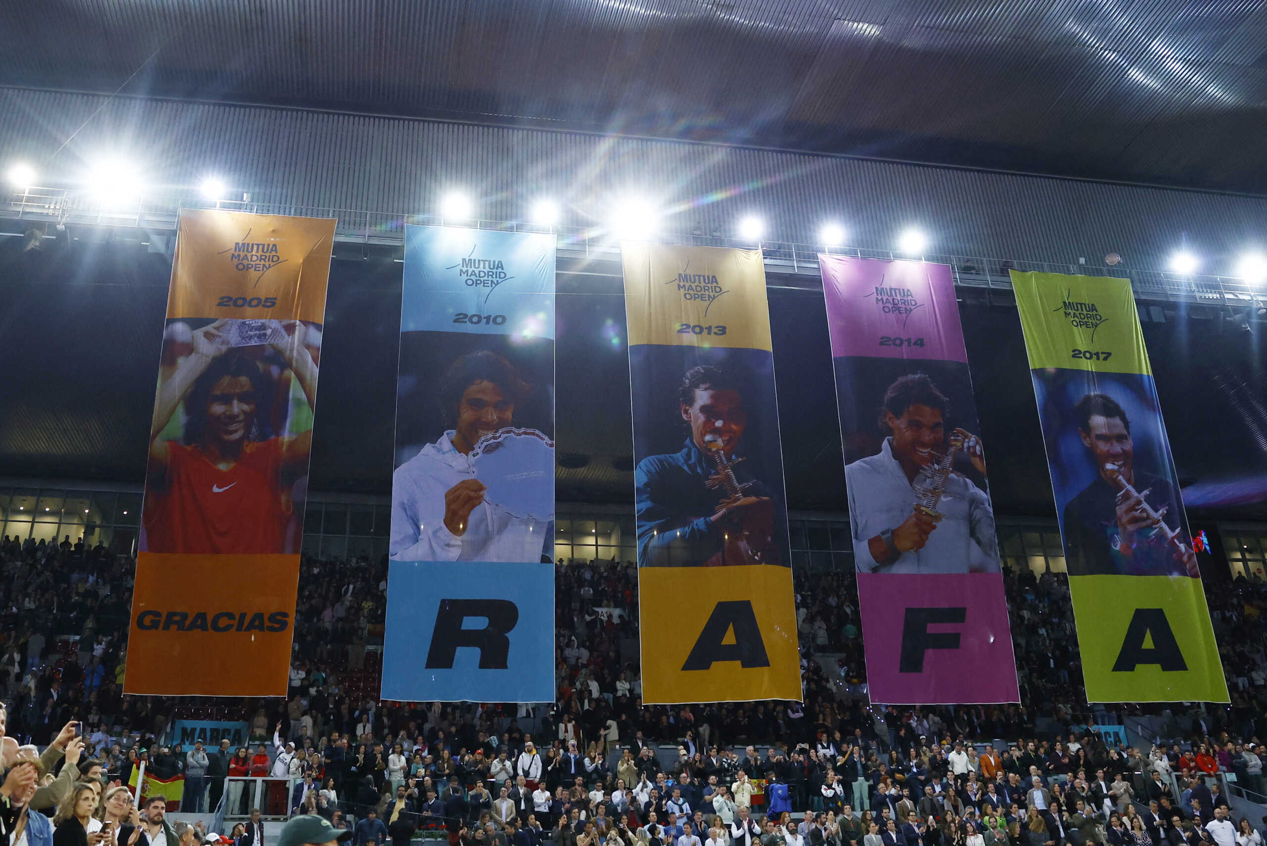 Tennis - Madrid Open - Park Manzanares, Madrid, Spain - April 30, 2024 General view of banners in tribute to Spain's Rafael Nadal after his round of 16 match against Czech Republic's Jiri Lehecka REUTERS