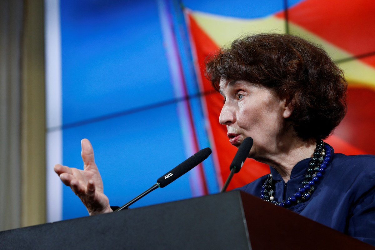 Gordana Siljanovska-Davkova addresses the press at VMRO party press conference announcing her victory at the presidential elections in Skopje, North Macedonia May 8, 2024. REUTERS