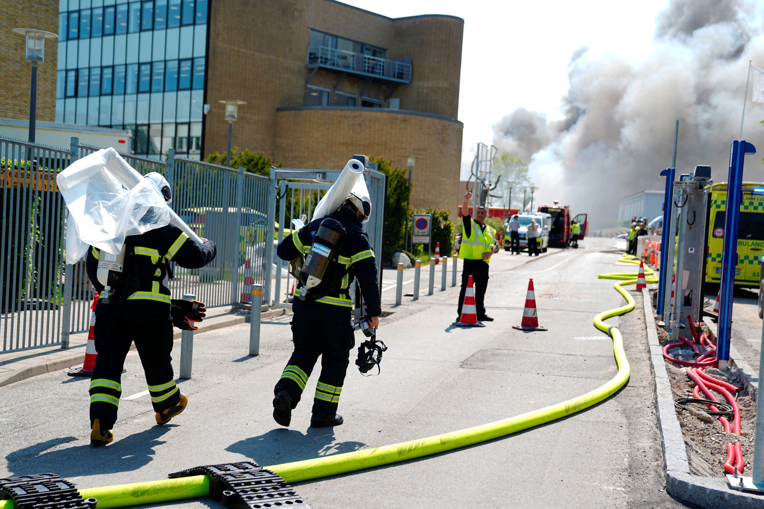 Smoke rises from a fire at Novo Nordisk on Smoermosevej, in Bagsvaerd near Copenhagen, Denmark, May 22, 2024. Liselotte Sabroe