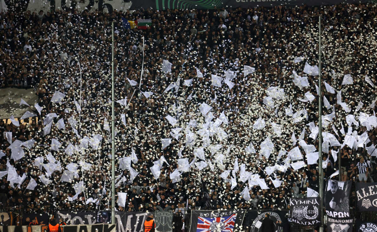 Soccer Football - Europa Conference League - Quarter Final - Second Leg - PAOK v Club Brugge - Toumba Stadium, Thessaloniki, Greece, - April 18, 2024 PAOK fans react in the stands before the match REUTERS