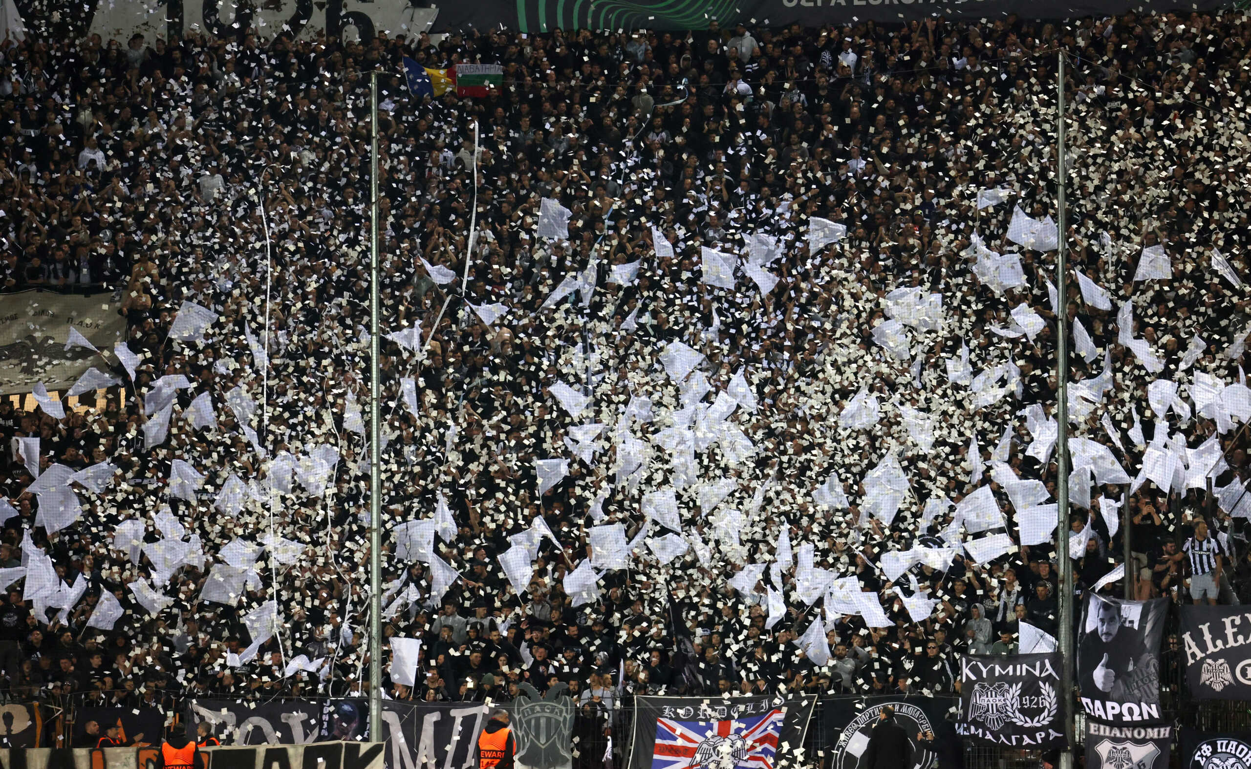 Soccer Football - Europa Conference League - Quarter Final - Second Leg - PAOK v Club Brugge - Toumba Stadium, Thessaloniki, Greece, - April 18, 2024 PAOK fans react in the stands before the match REUTERS