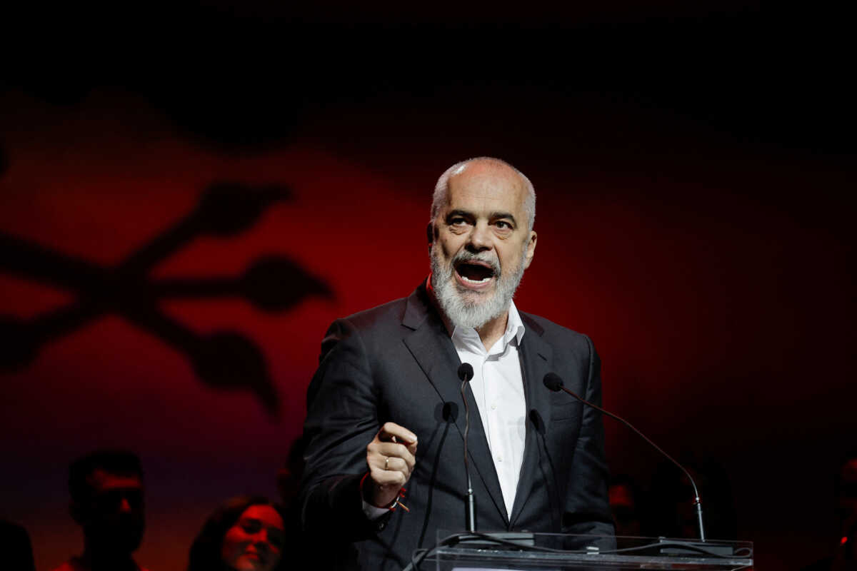Albania's Prime Minister Edi Rama addresses Albanians living in Athens, as he kicks off a tour ahead of EU election, in an indoor stadium in Athens, Greece, May 12, 2024. REUTERS
