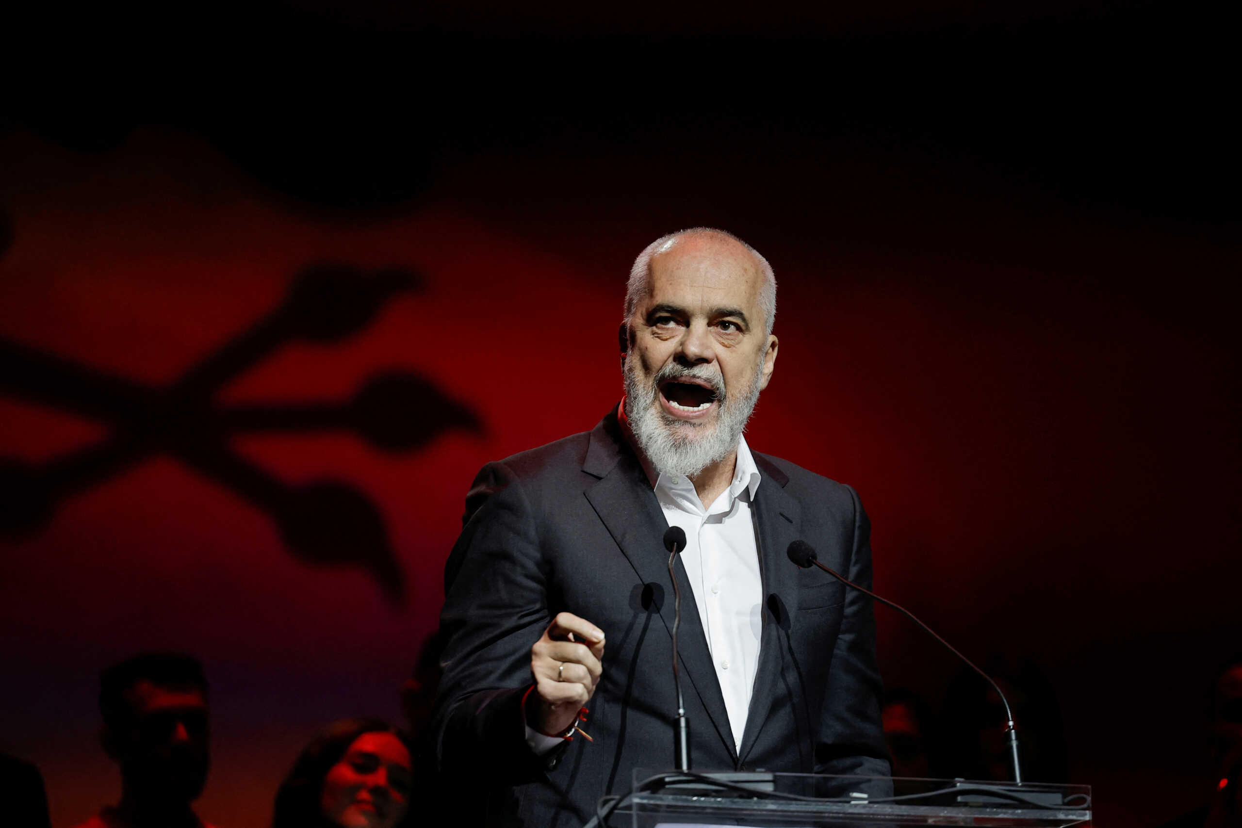 Albania's Prime Minister Edi Rama addresses Albanians living in Athens, as he kicks off a tour ahead of EU election, in an indoor stadium in Athens, Greece, May 12, 2024. REUTERS