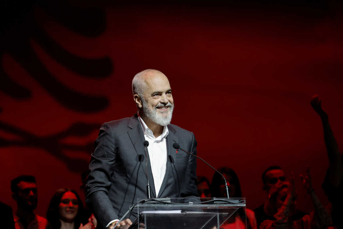 Albania's Prime Minister Edi Rama addresses Albanians living in Athens, as he kicks off a tour ahead of EU election, in an indoor stadium in Athens, Greece, May 12, 2024. REUTERS