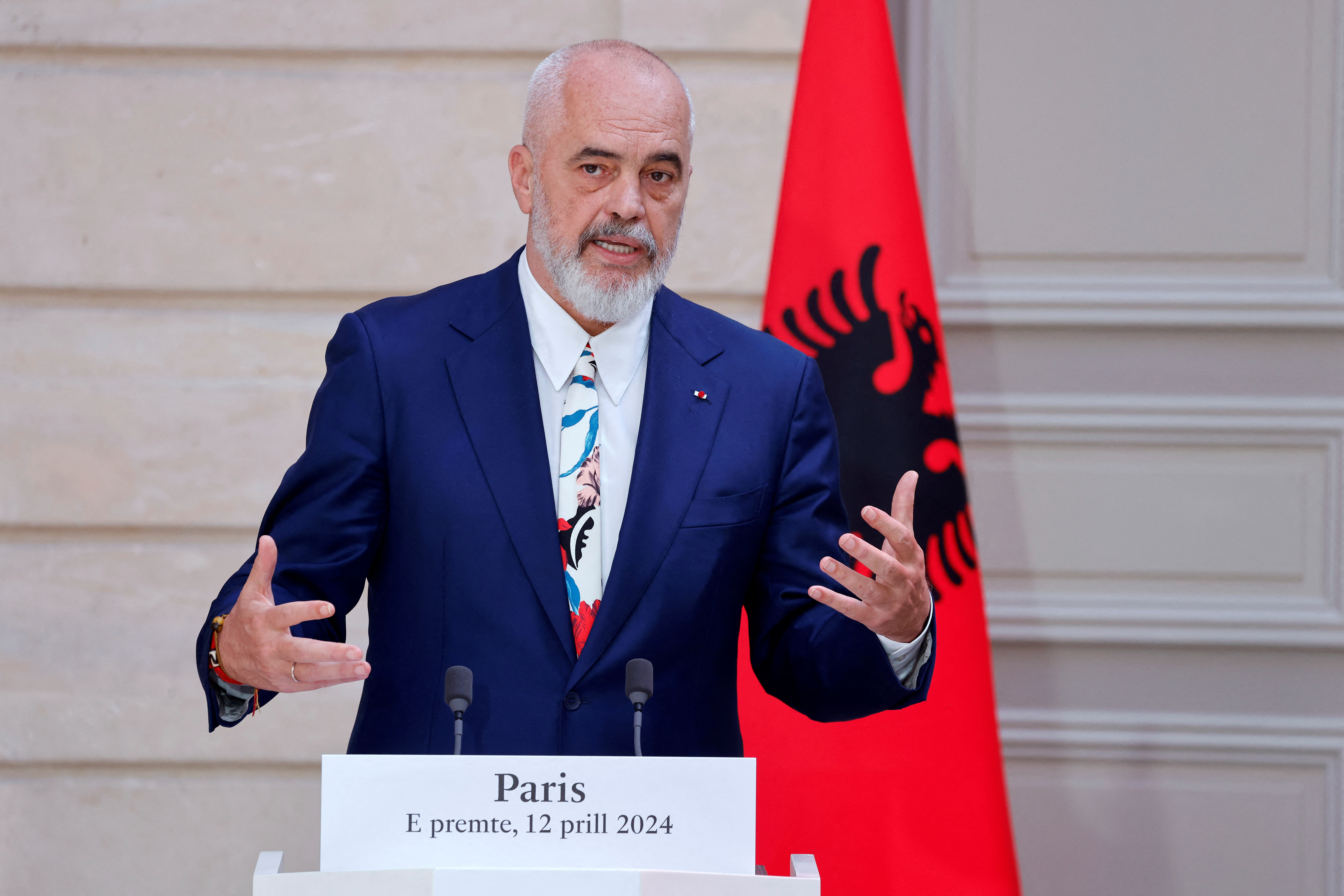 Albania's Prime Minister Edi Rama  gestures as he addresses the media at the presidential Elysee Palace, in Paris, France, April 12, 2024.     LUDOVIC MARIN